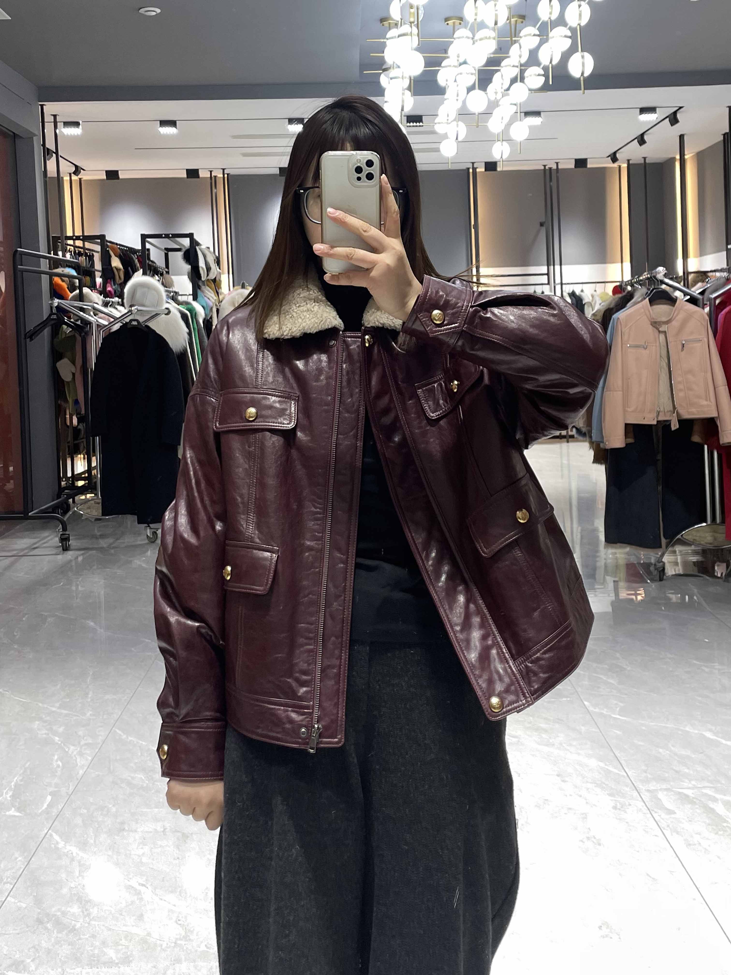 Lamb Fur Collar Double-breasted Pocket Down Jacket - Janefur