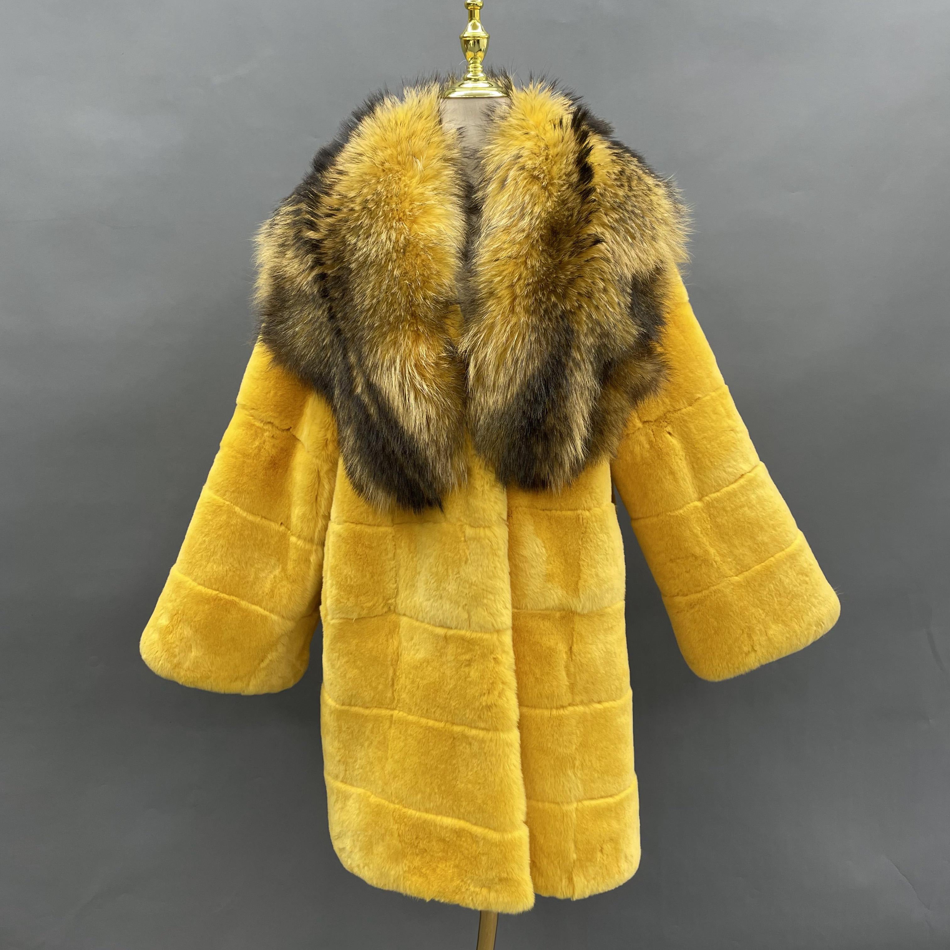 Winter Womens Rabbit Fur Coat Raccoon Fur Collar Real Fur Jacket - Janefur