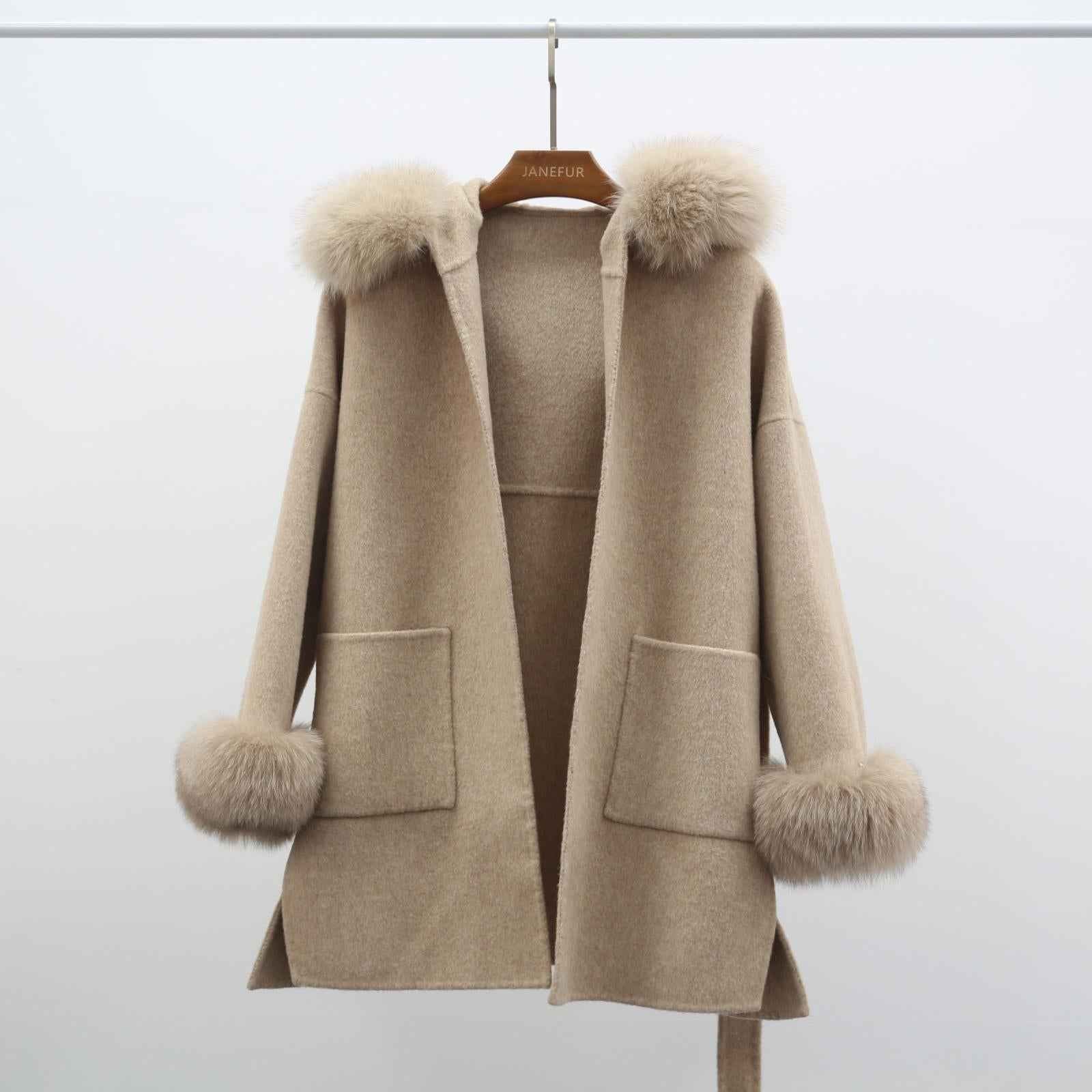 Women's Winter Warm Hooded Reversible Cashmere Short Coat Cuffs with Fur - Janefur