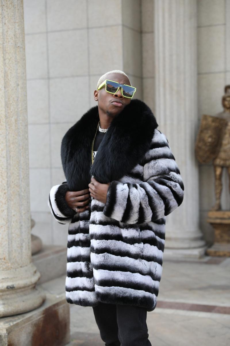 Men's Matching Color Large Fur Collar Rabbit Fur Coat - Janefur