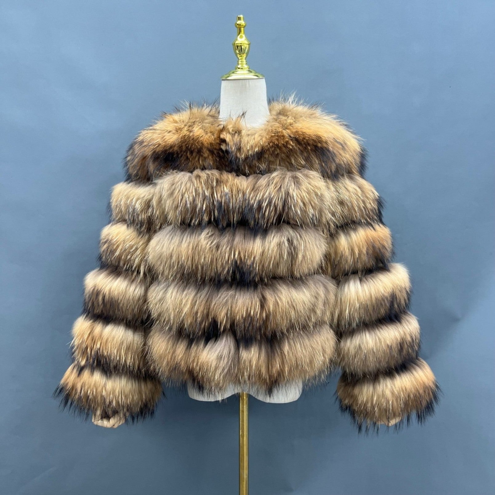 2023 New 5 Section Horizontal Stripe Short Raccoon Fur Coat - Janefur