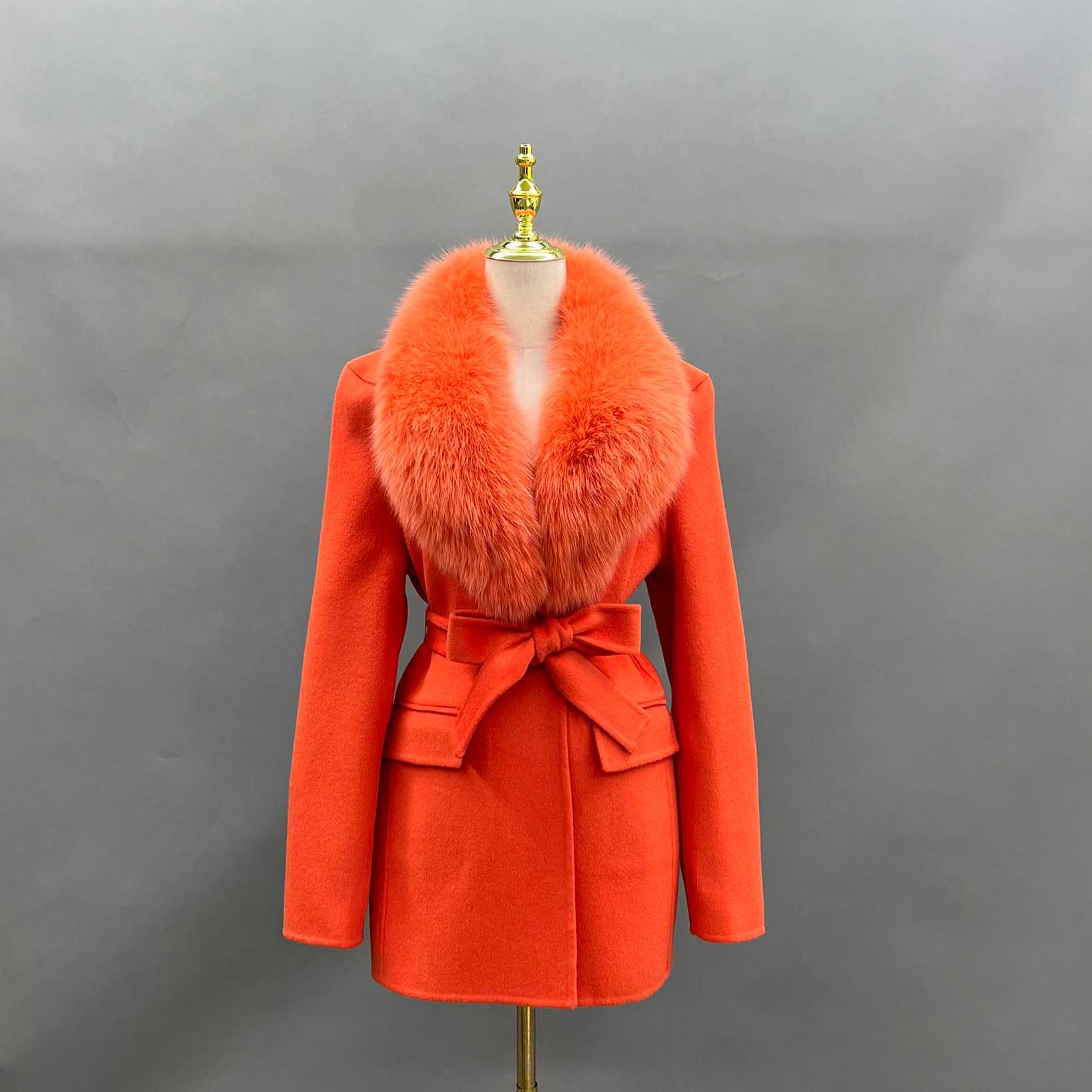 Janefur Womens Fashion Cashmere Coat Waisted Shoulder Design Fox Fur Collar Wool Coat - Janefur