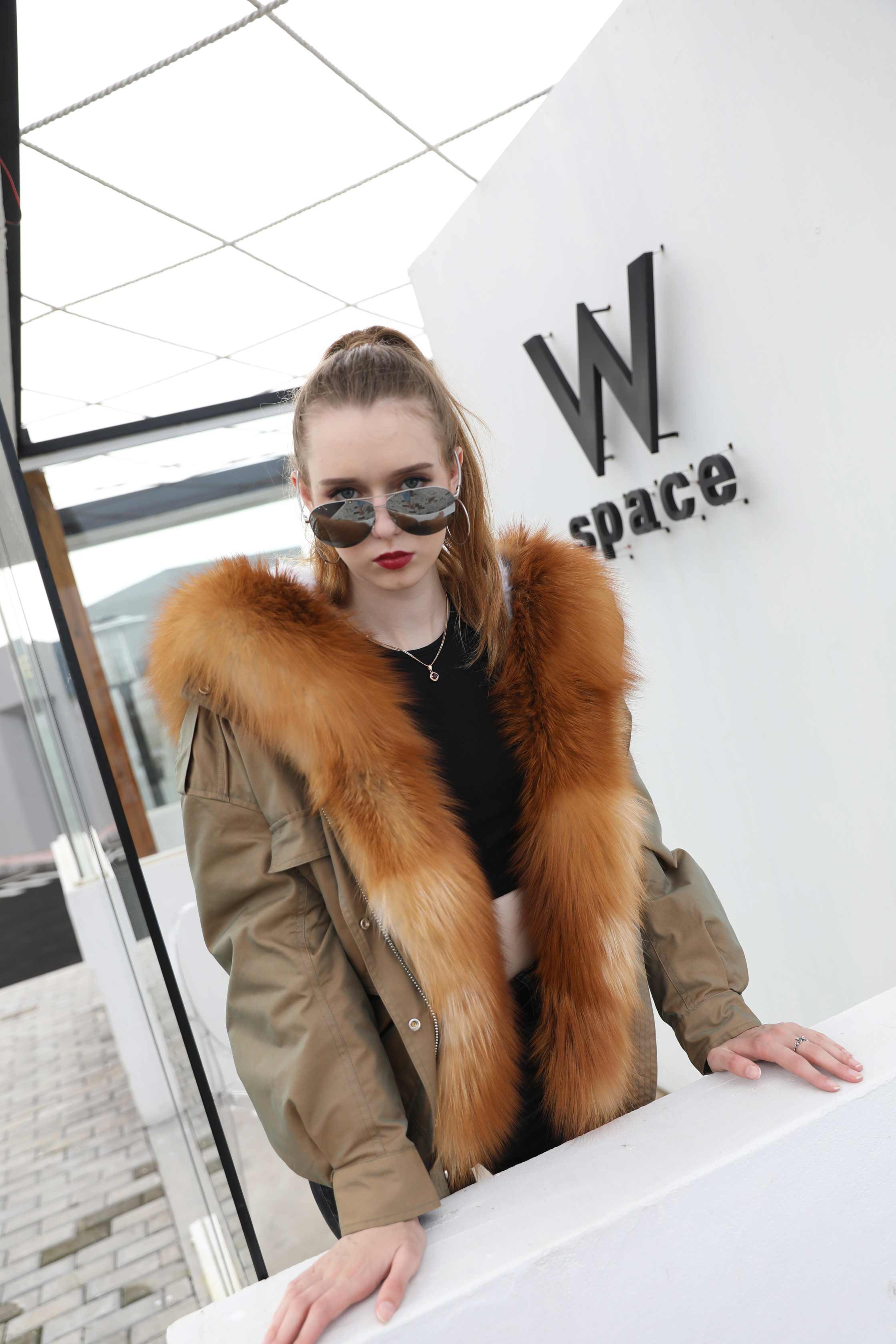 Winter Fur Hooded Coat Lamb Lining With Fox Fur Collar Long Women's Parka - Janefur