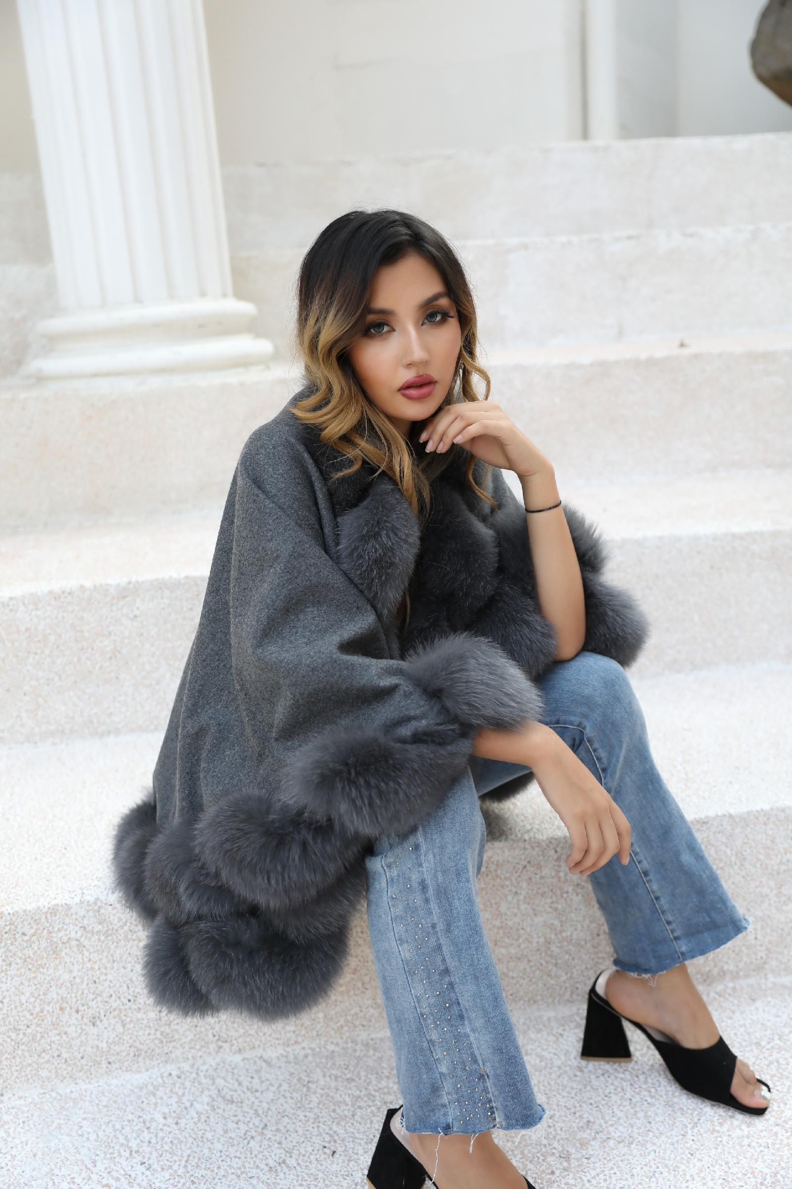 Full Wool Cashmere Cape with Real Fox Fur Fashionable Luxurious Soft Shawl for Women's Coat - Janefur