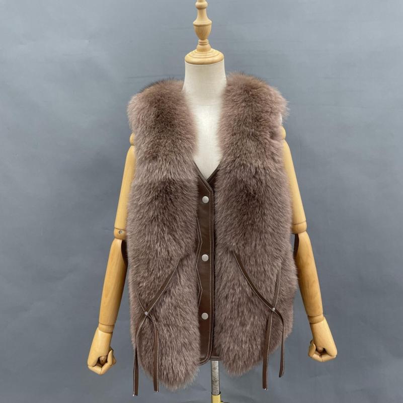 Janefur Blue Fox V Neck Fox Fur Leather Vest - Janefur