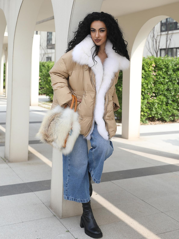 Fox Fur Placket Goose Down-Insulated Women's Collar Puffer Jacket - Janefur