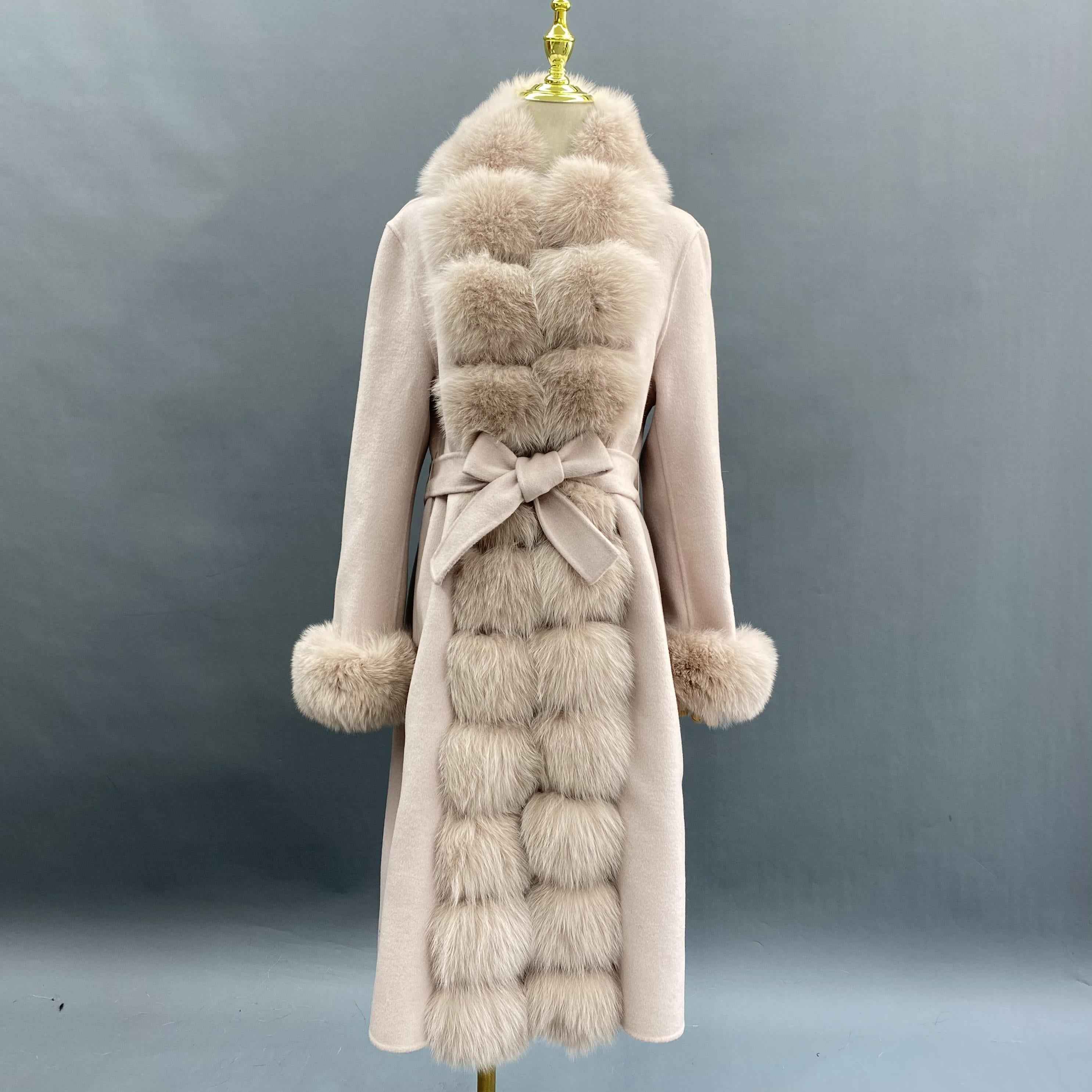 Segmented Fox Fur Front Wool Coat with Fur Cuffs - Janefur