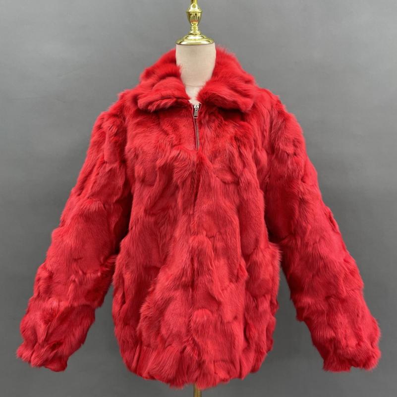 Red Coat Zipper Lapel Windproof Men's Fashion Fox Fur Jacket - Janefur