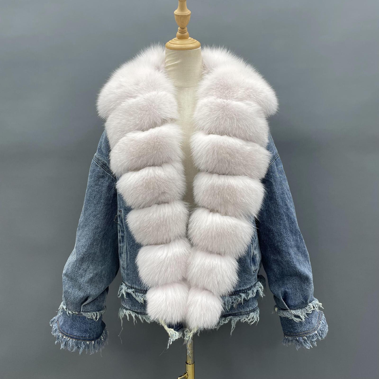 Women's Denim Jacket Leather Large Fox Fur Collar Winter Luxury Coat Fluffy Jacket Denim Blue Down Outerwear - Janefur