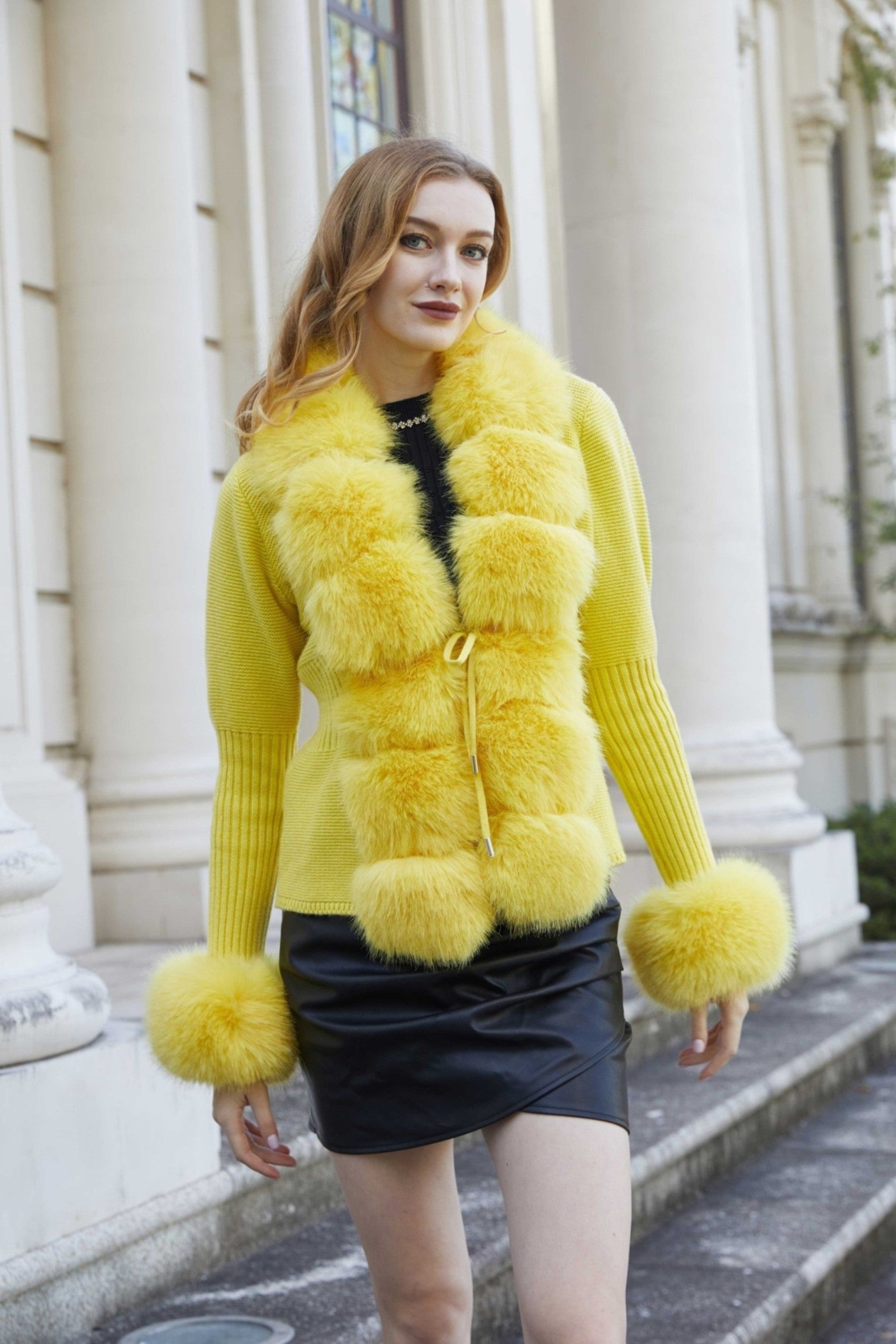 Women's Knitted Sweater Coat Cuff Placket with Eco-Fur Faux Fur - Janefur