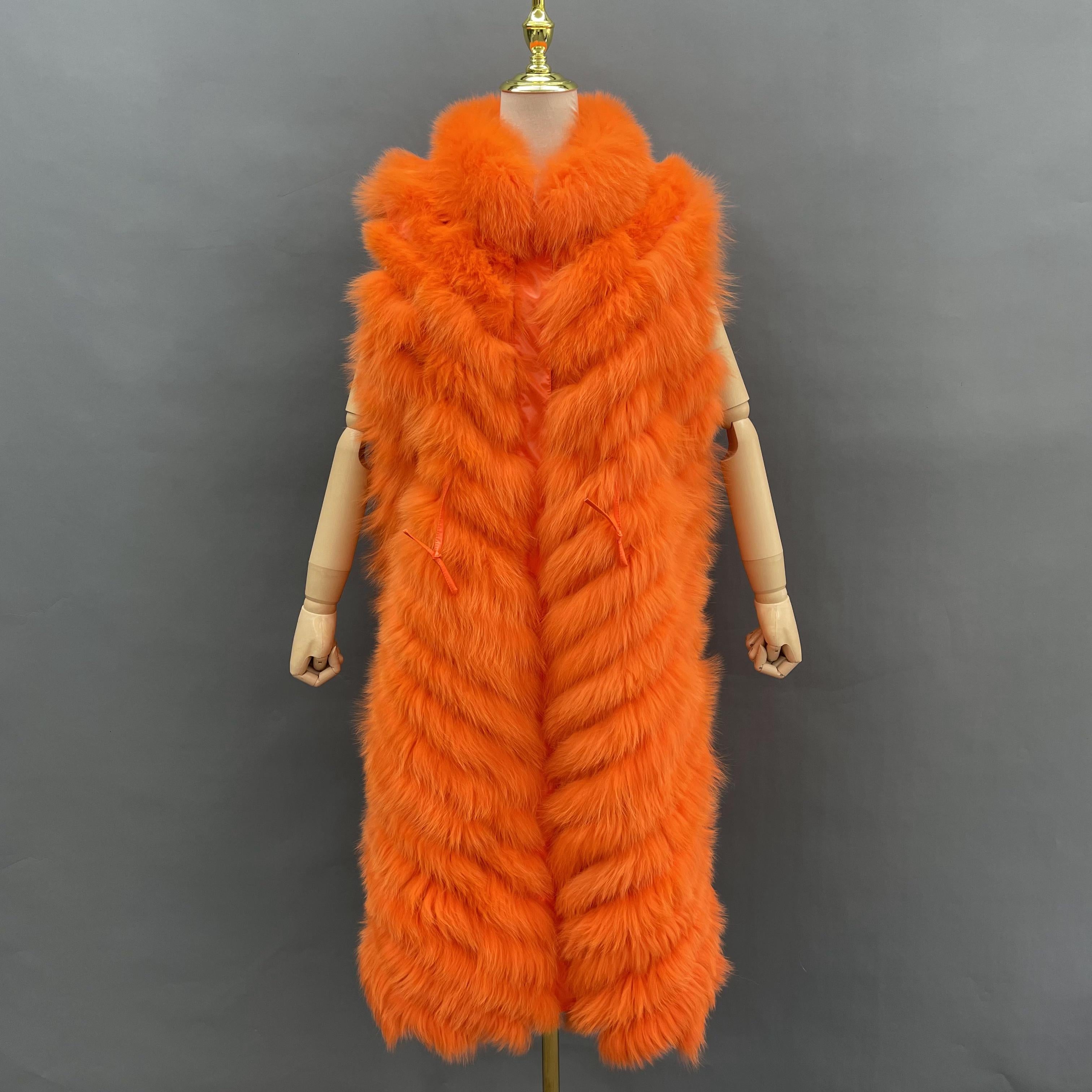 Double-Sided Fox Fur Diagonal Stripe Long Vest - Janefur