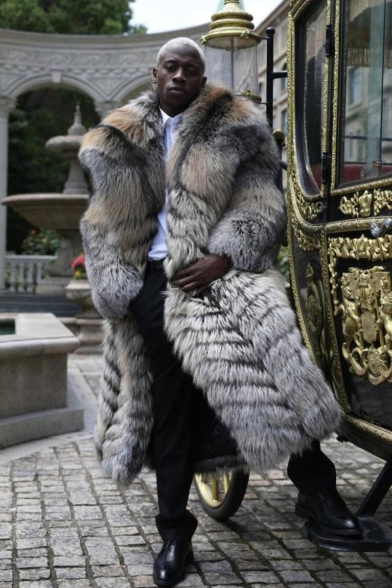 Men's Long Coat with a Golden Island Fox Fur Collar and Buttoned Front - Janefur