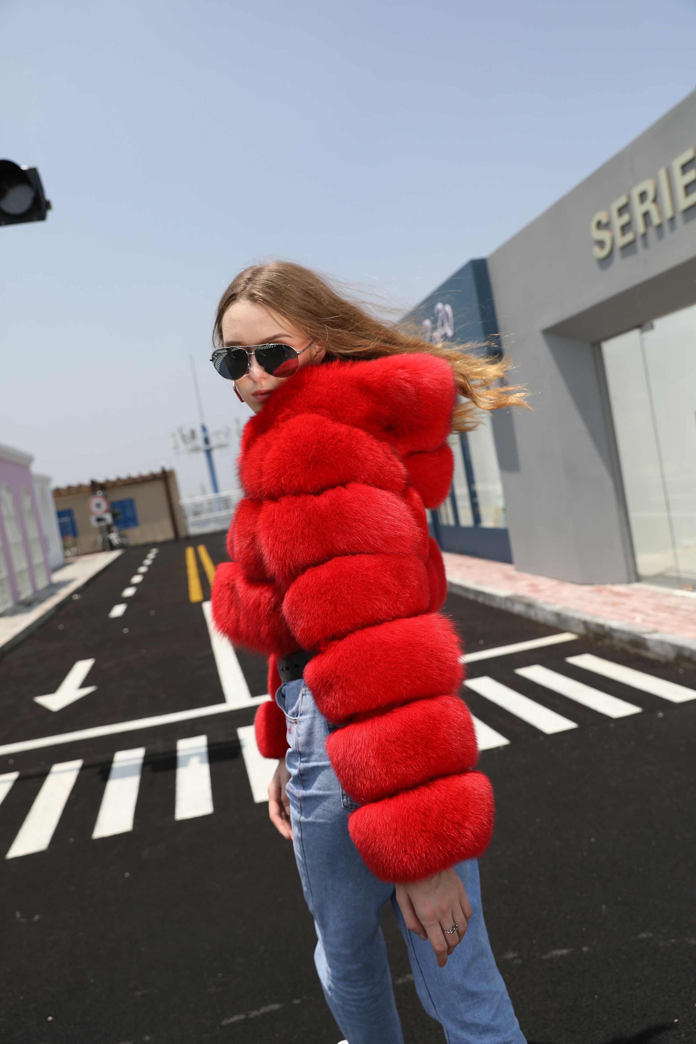 Fashion Short Genuine Fox Fur Coat Women's Winter Hooded Jacket - Janefur
