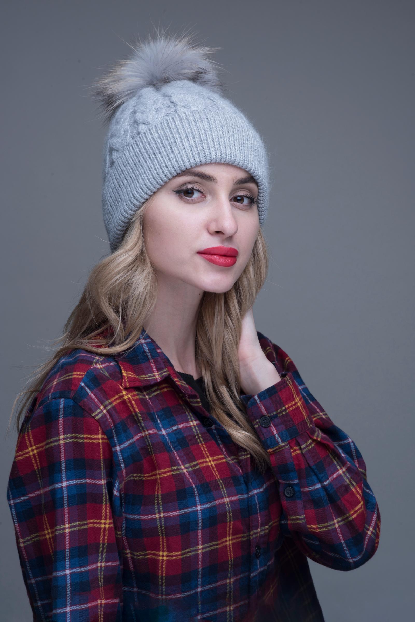 Ladies Beanie Hat Angora Knitted Raccoon Fur Pom Pom Warm Hat - Janefur