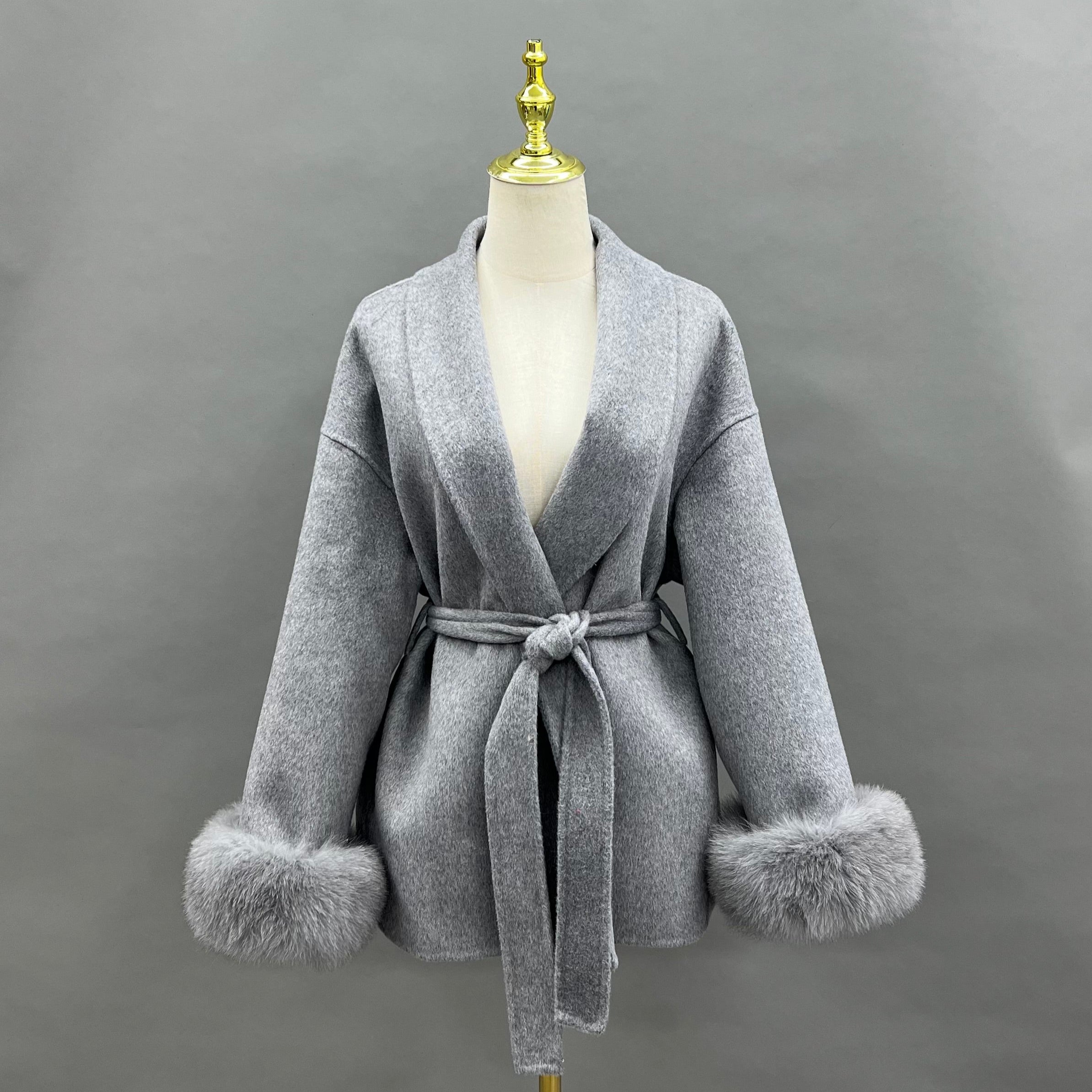 Elegant Belted Cashmere Wool Coat with Real Fox Fur Cuffs – Oversized Drop-Shoulder Design - Janefur