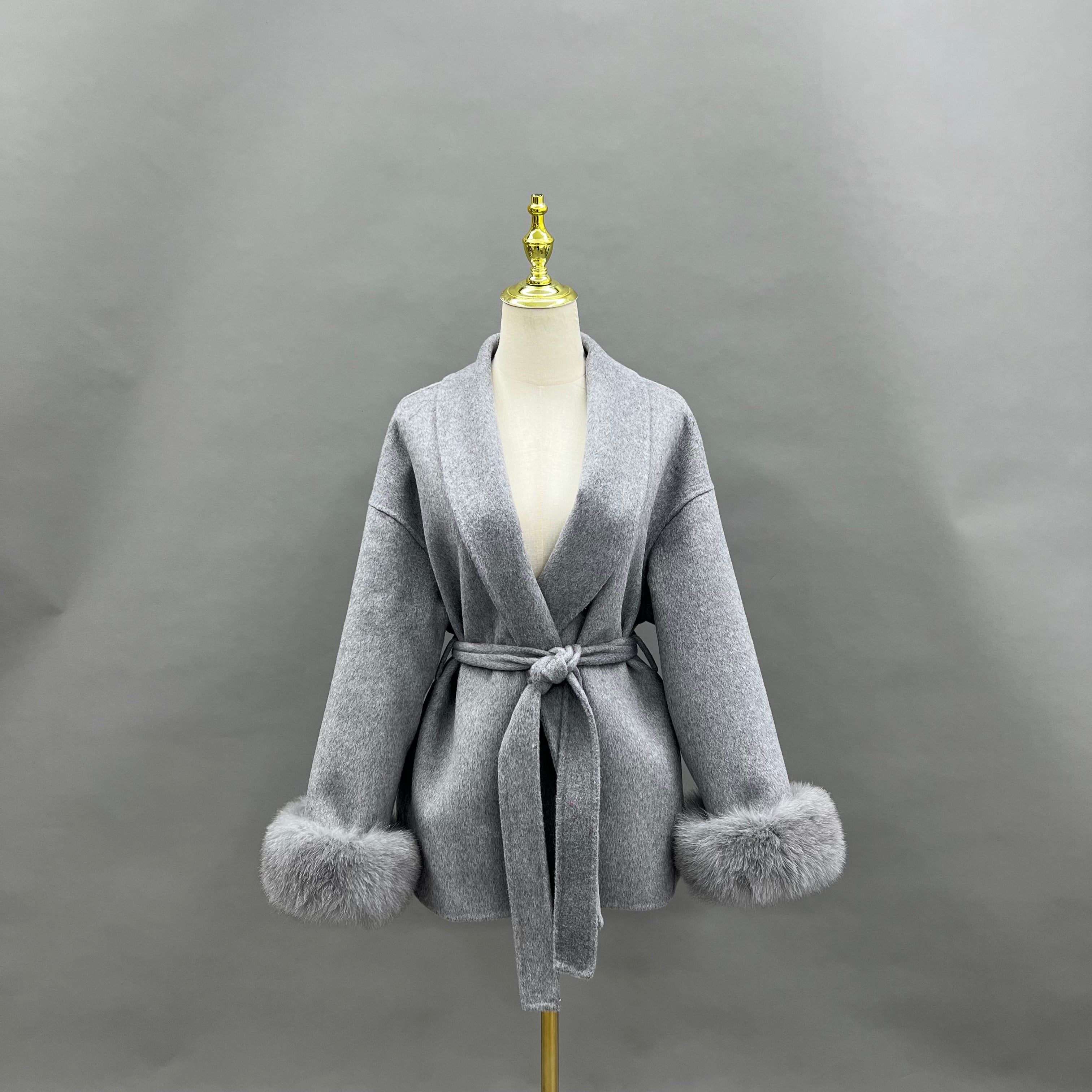 Elegant Belted Cashmere Wool Coat with Real Fox Fur Cuffs – Oversized Drop-Shoulder Design - Janefur