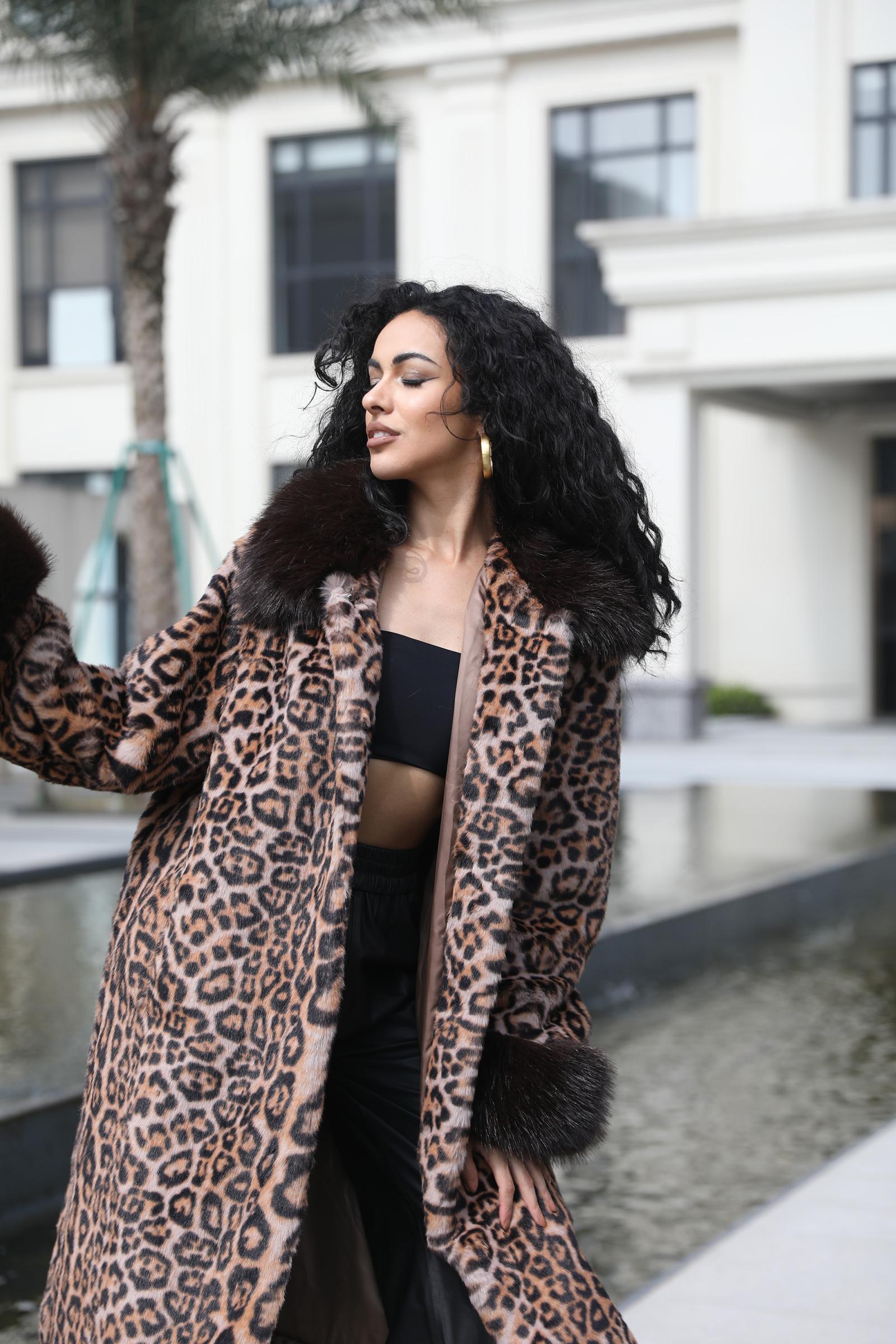 Faux Fur Coat Women's New Style Lapel Leopard Pattern Long Jacket - Janefur