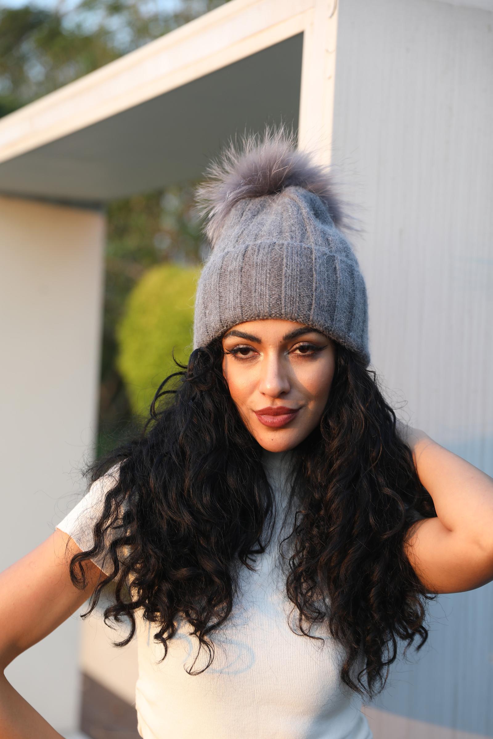 Thick Striped Rabbit Fur Pom Pom Winter Hat - Janefur