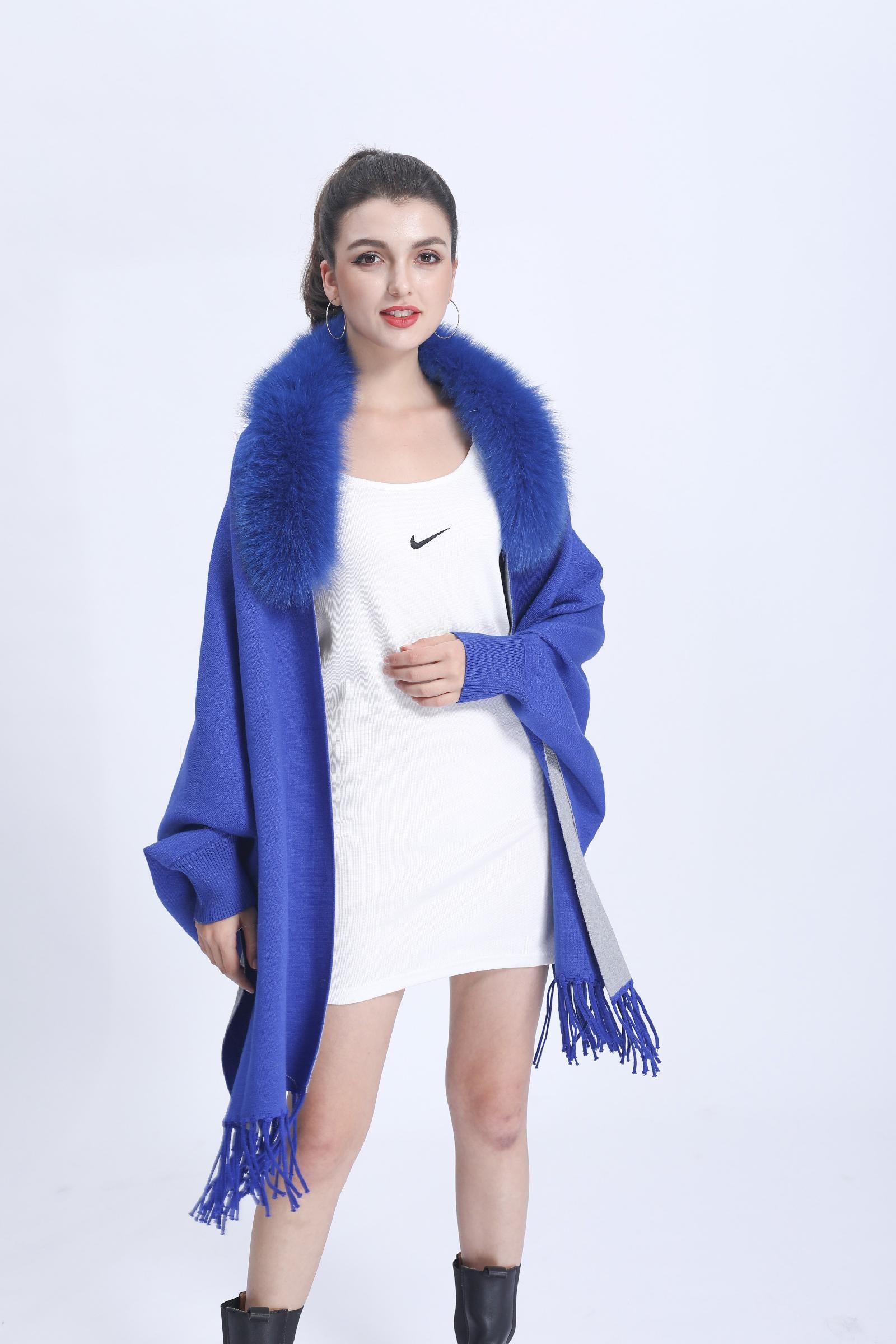 Women's Elegant Shawl with Fur Trim Reversible Two-Tone Cape Ribbed Cuffs Cape - Janefur