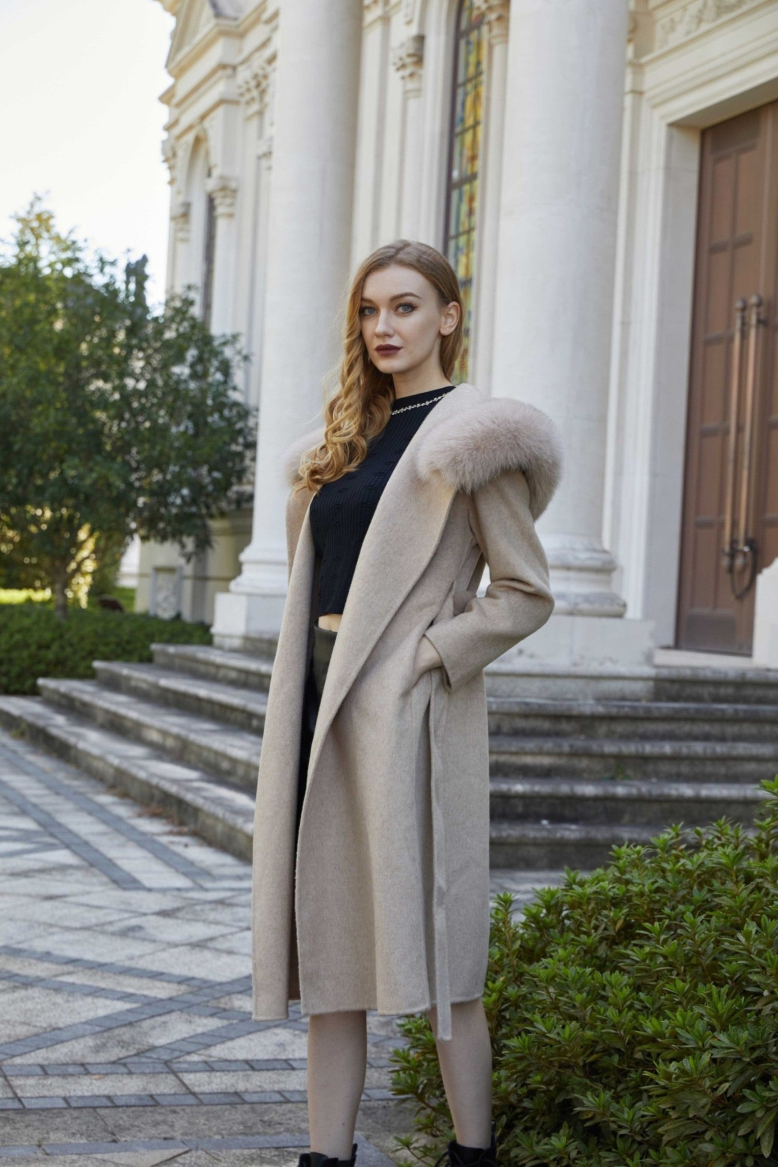 Women's French Slouchy Hooded Double Sided Cashmere Long Coat - Janefur