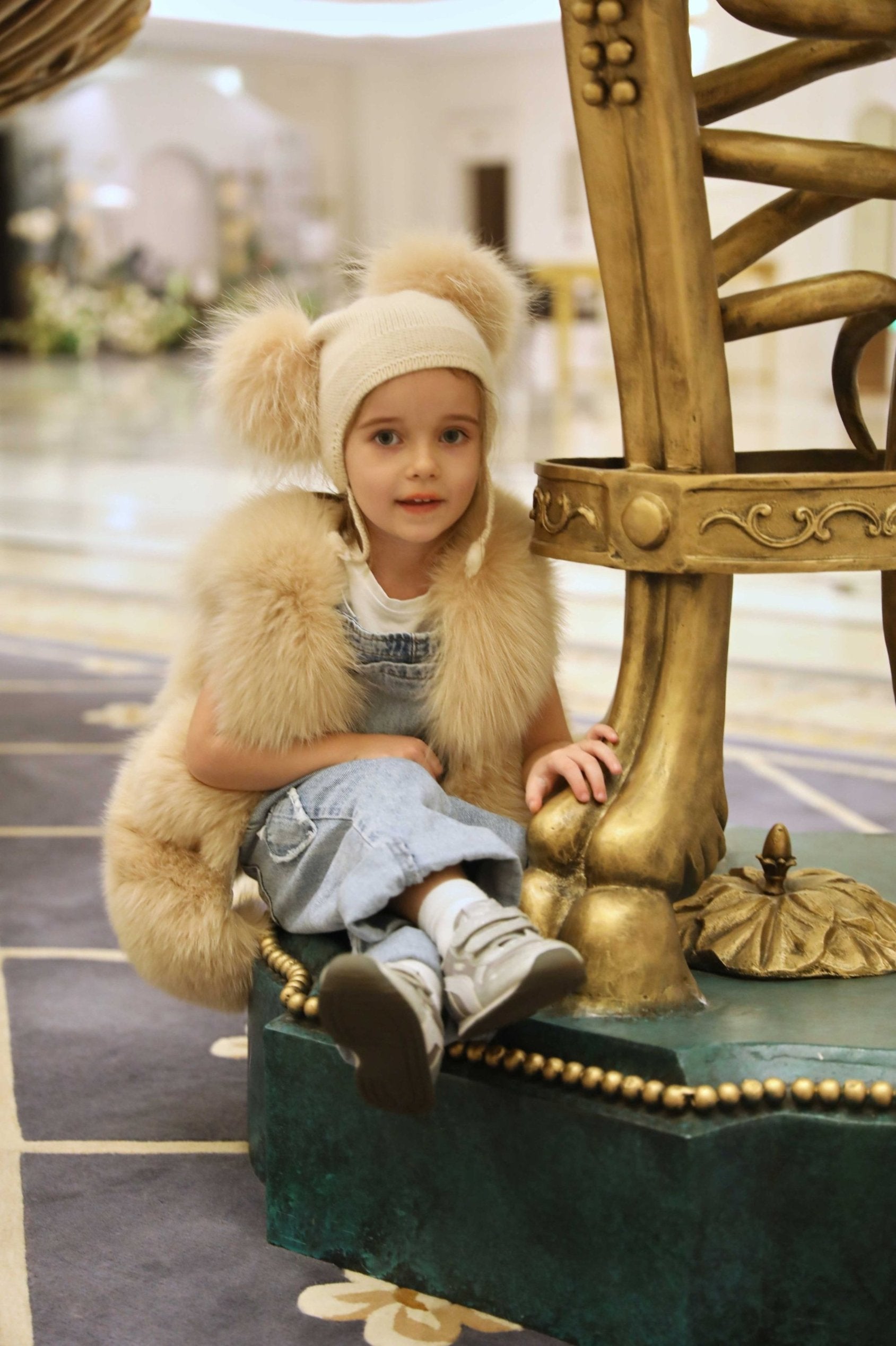 Kids Cute Pigtails Angora Double Raccoon Fur Pom Pom Hat - Janefur