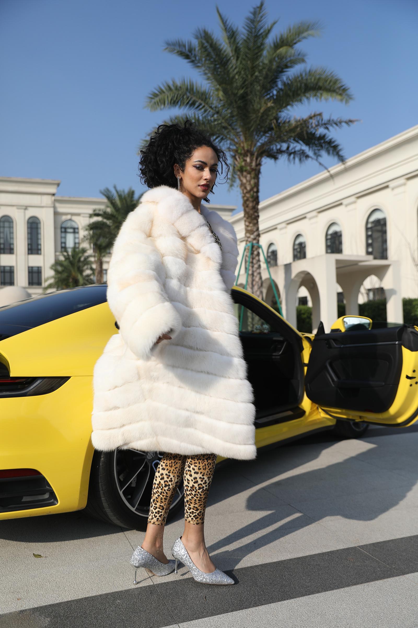 Women's Luxurious Fox Fur Lapel Striped Long Coat Fur Jacket - Janefur