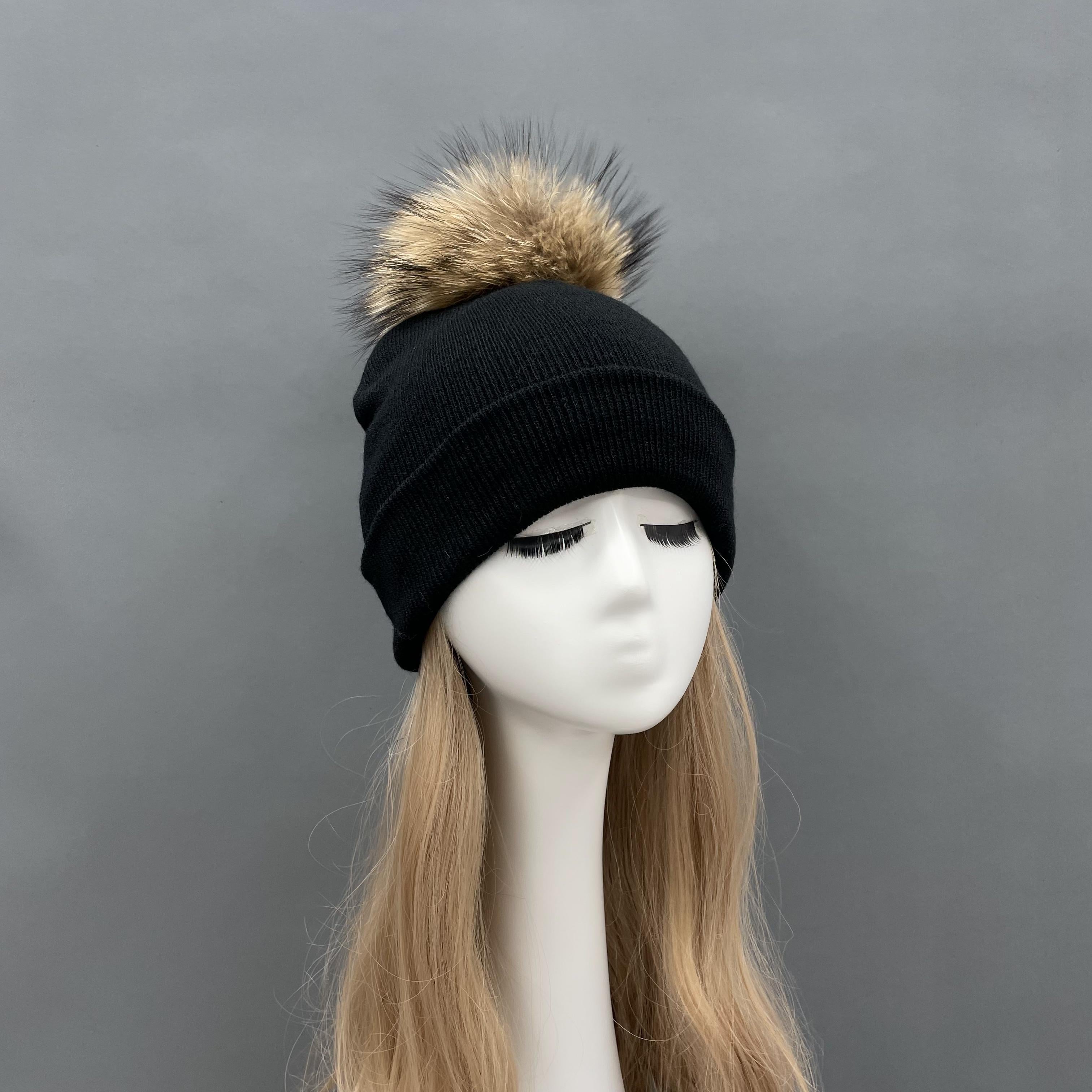 Solid Color Acrylic Knitted Hat with Single Fur Pom Pom Women's Knit Cap - Janefur