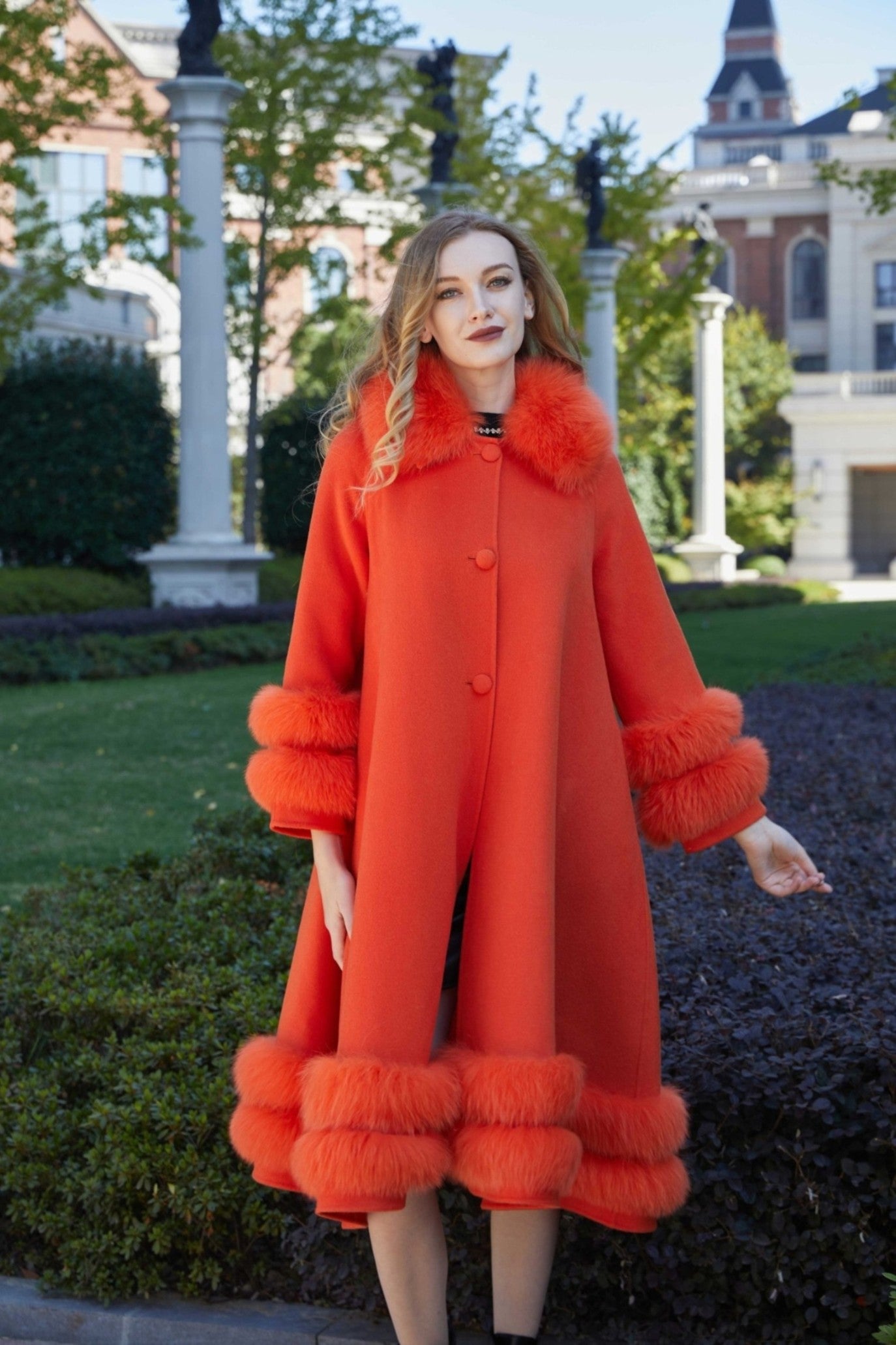 Women's Double Sided Cashmere Coat with Two Sections of Fur Collar at Hem and Cuffs - Janefur