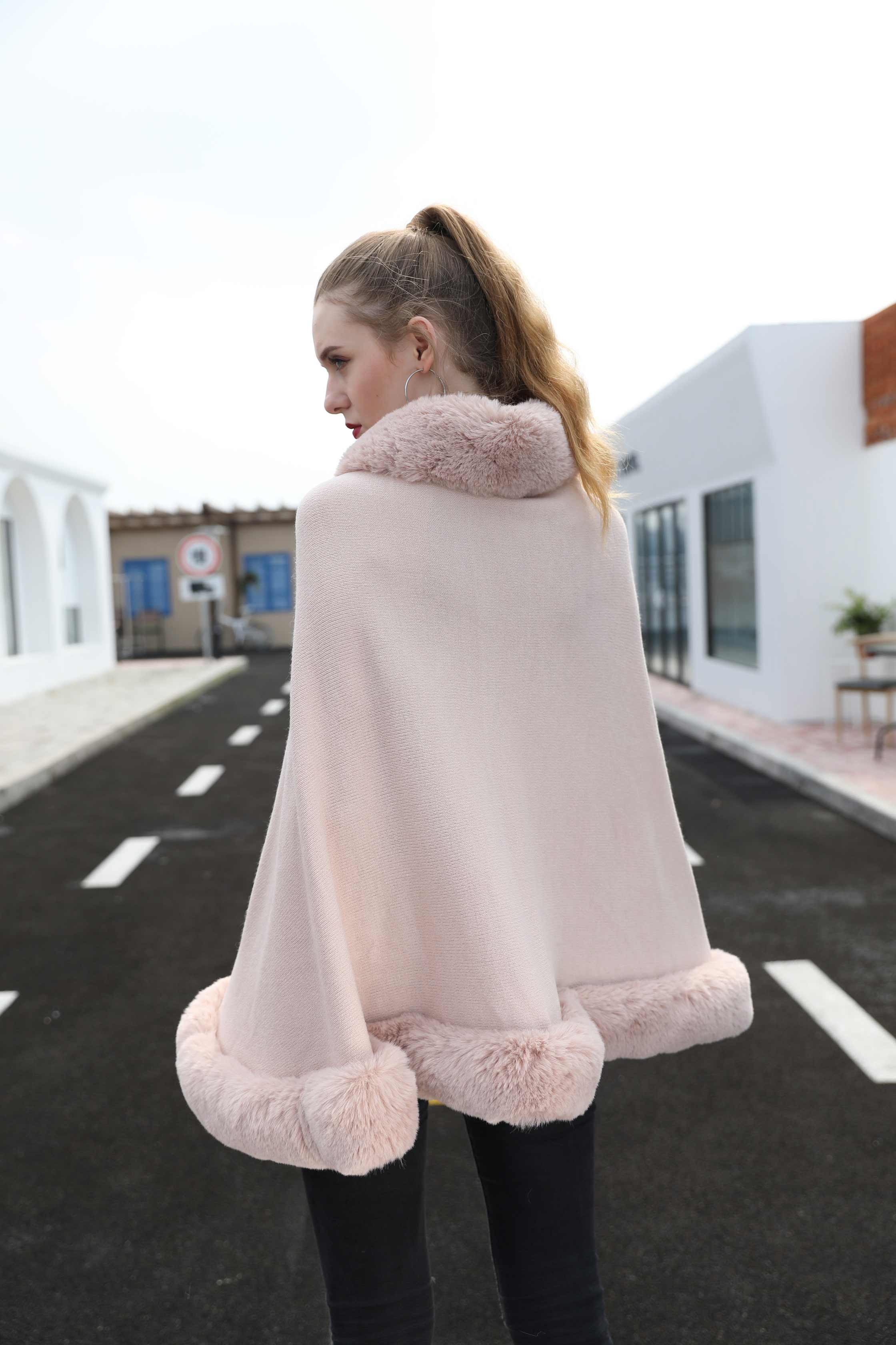 Janefur Wholesale Fashion Women Knitted Cape Shawl with Faux Fur Trim - Janefur