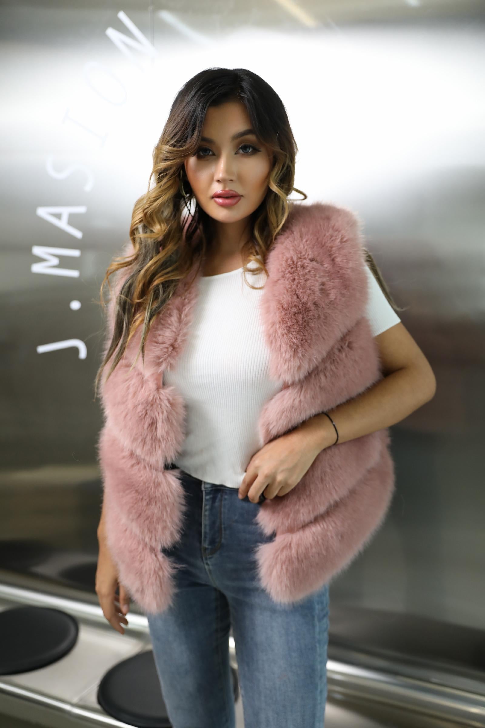 Women's Spring and Autumn Diagonal Striped Faux Fur Vest Solid Color Eco Fur Waistcoat - Janefur