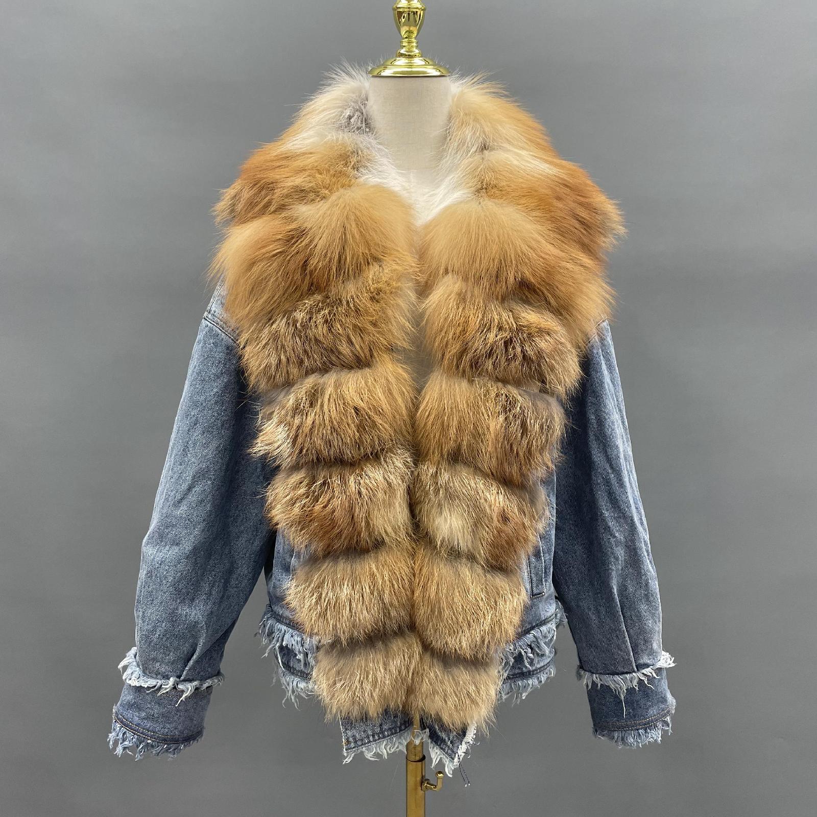 Women's Denim Jacket Leather Large Fox Fur Collar Winter Luxury Coat Fluffy Jacket Denim Blue Down Outerwear - Janefur