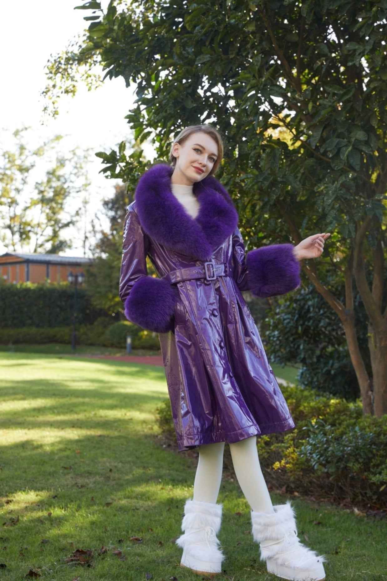 Women's Winter Large Flip Lapel Collar Fur Terry Long Shiny Leather Jacket - Janefur