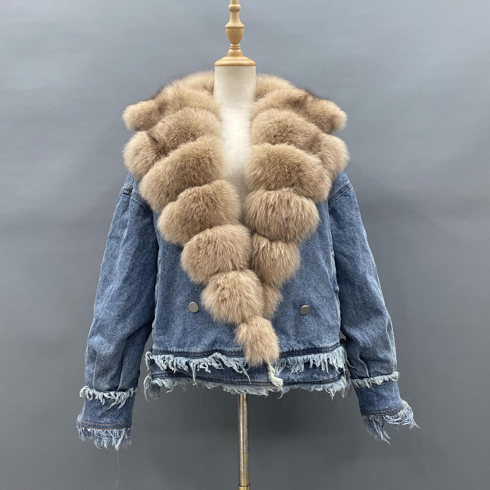 Women's Denim Jacket Leather Large Fox Fur Collar Winter Luxury Coat Fluffy Jacket Denim Blue Down Outerwear - Janefur