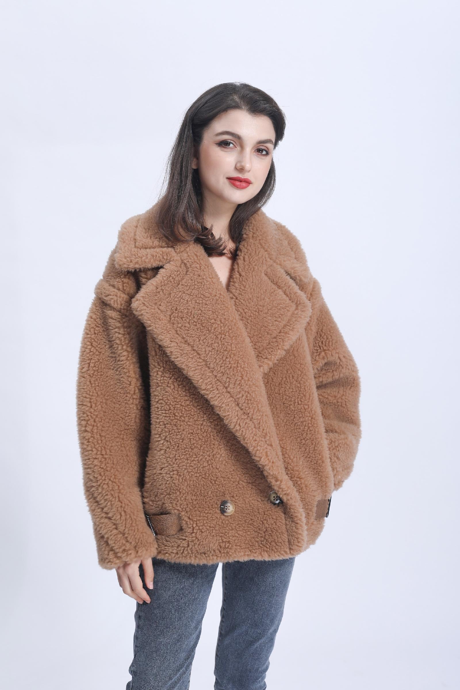 Womens' Teddy Shearling Coat with Leather Button Hem and Double-breasted Lamb Wool Jacket Spring Fur Coat - Janefur