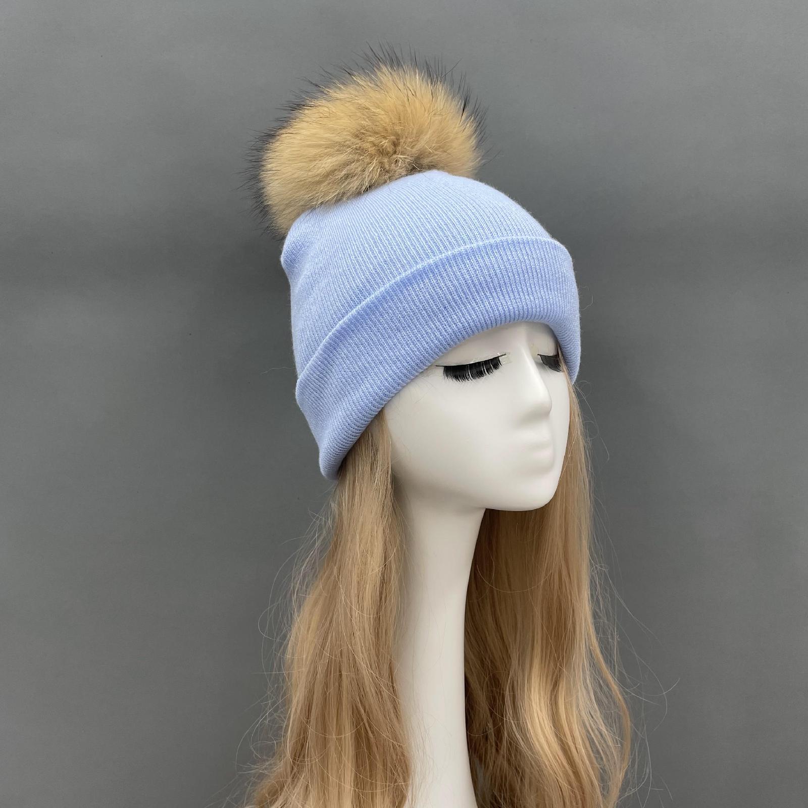 Solid Color Acrylic Knitted Hat with Single Fur Pom Pom Women's Knit Cap - Janefur