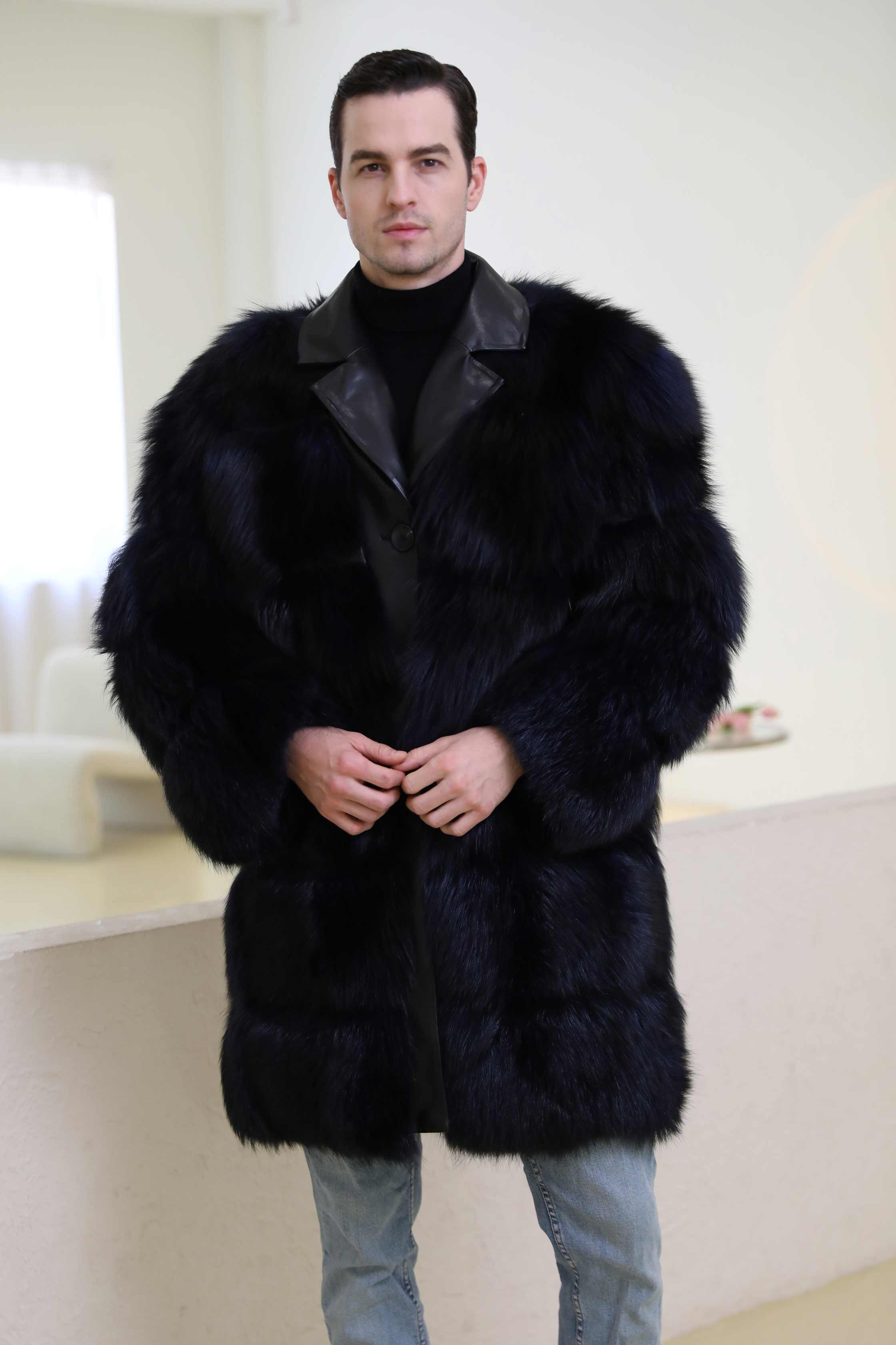 Winter New Leather Collar Button Design Men's Real Fox Fur Coat - Janefur