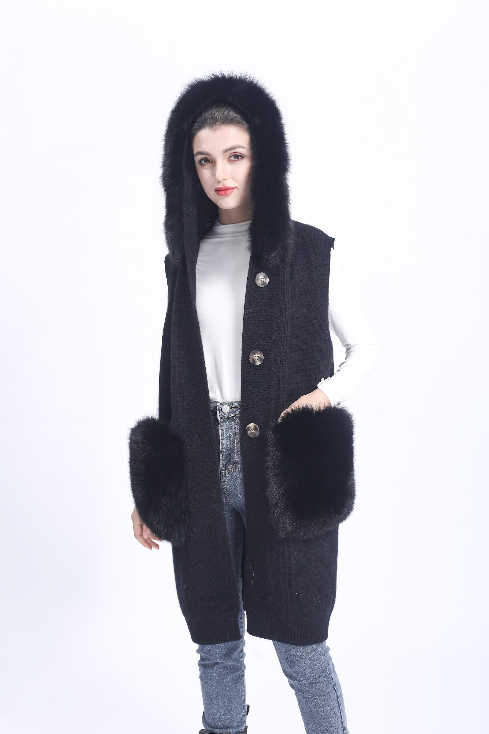 Women's Knitted Sweater Hooded Vest Sleeveless Button Down Cardigan Outwear Top with Pockets - Janefur