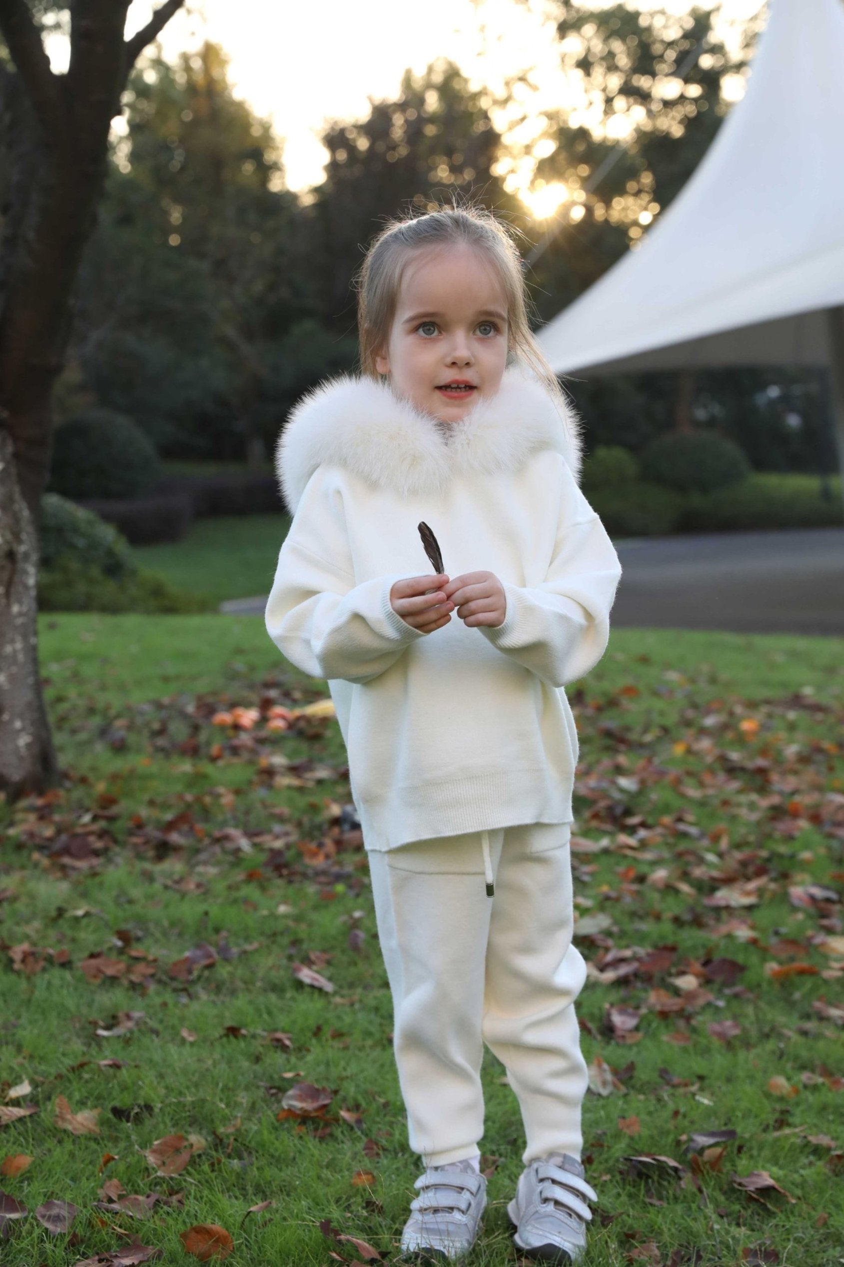 Children's Suit Fall and Winter Fur Collar Hooded Knit Sweatshirt Set - Janefur