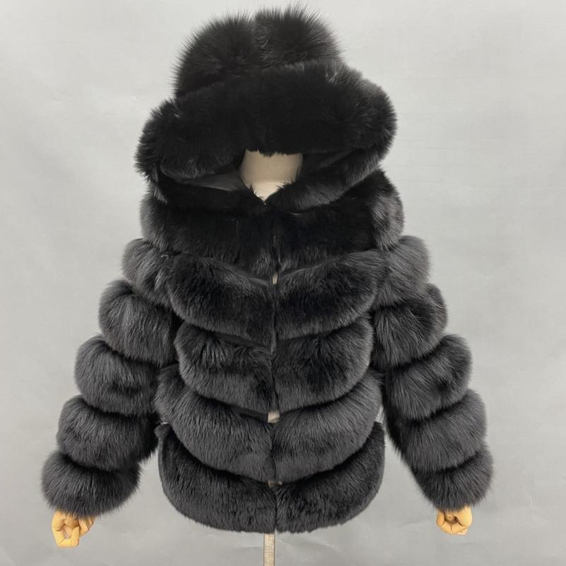 Women's Winter Warm Luxury Fox Leather Jacket Diagonal Stripe Hooded Coat - Janefur