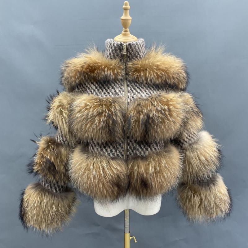 Fashion Women's Short Chanel Style Raccoon Fur Layered Coat - Janefur