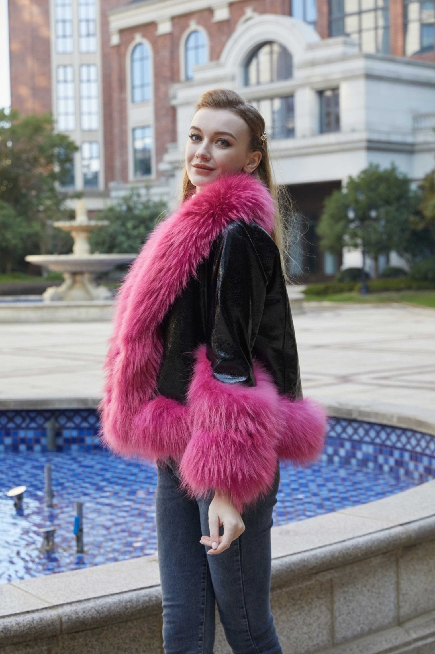 Women's shiny raccoon fur lapel down liner coat - Janefur