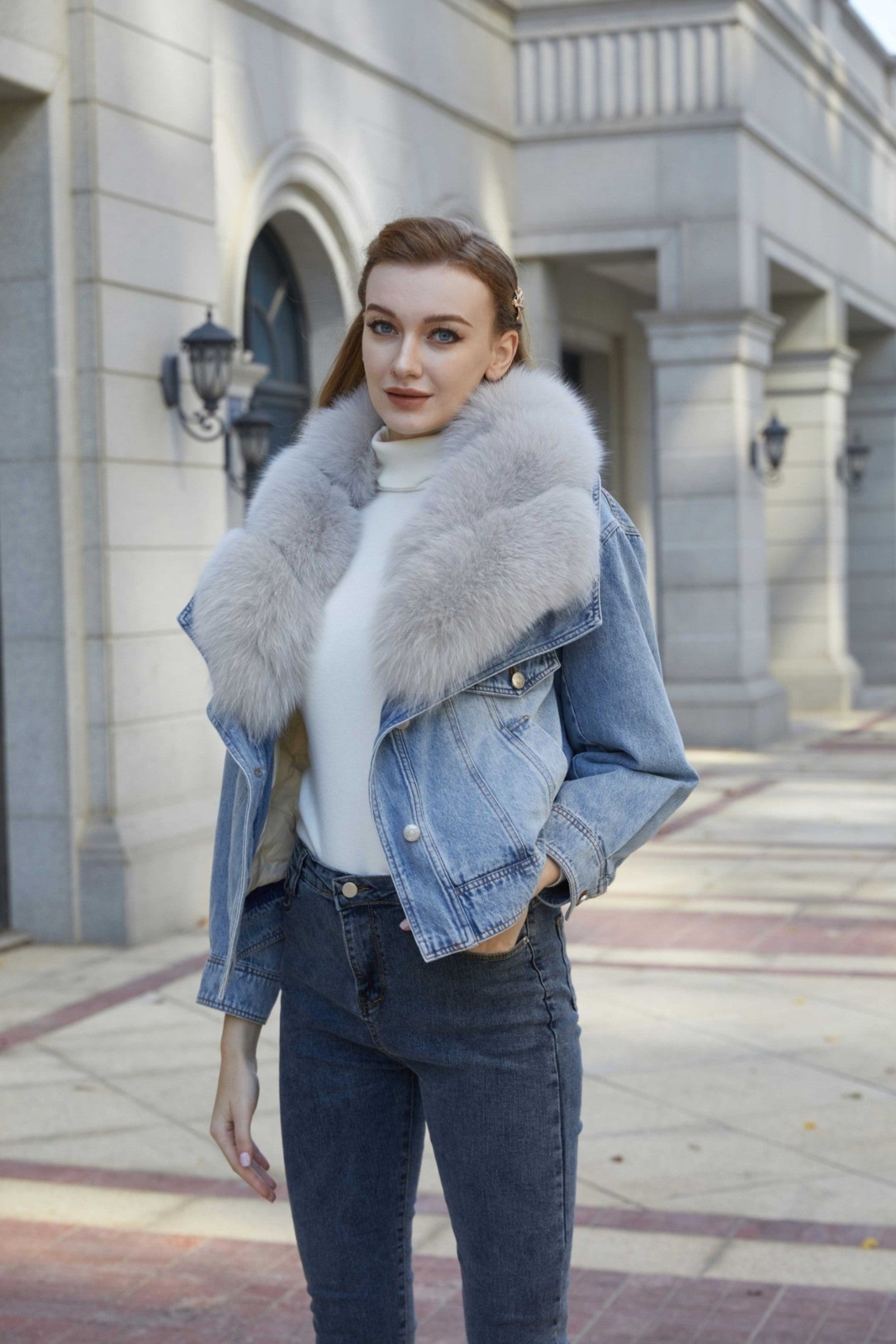 Fur Collar Fur Parka Denim Down Coat Jacket - Janefur