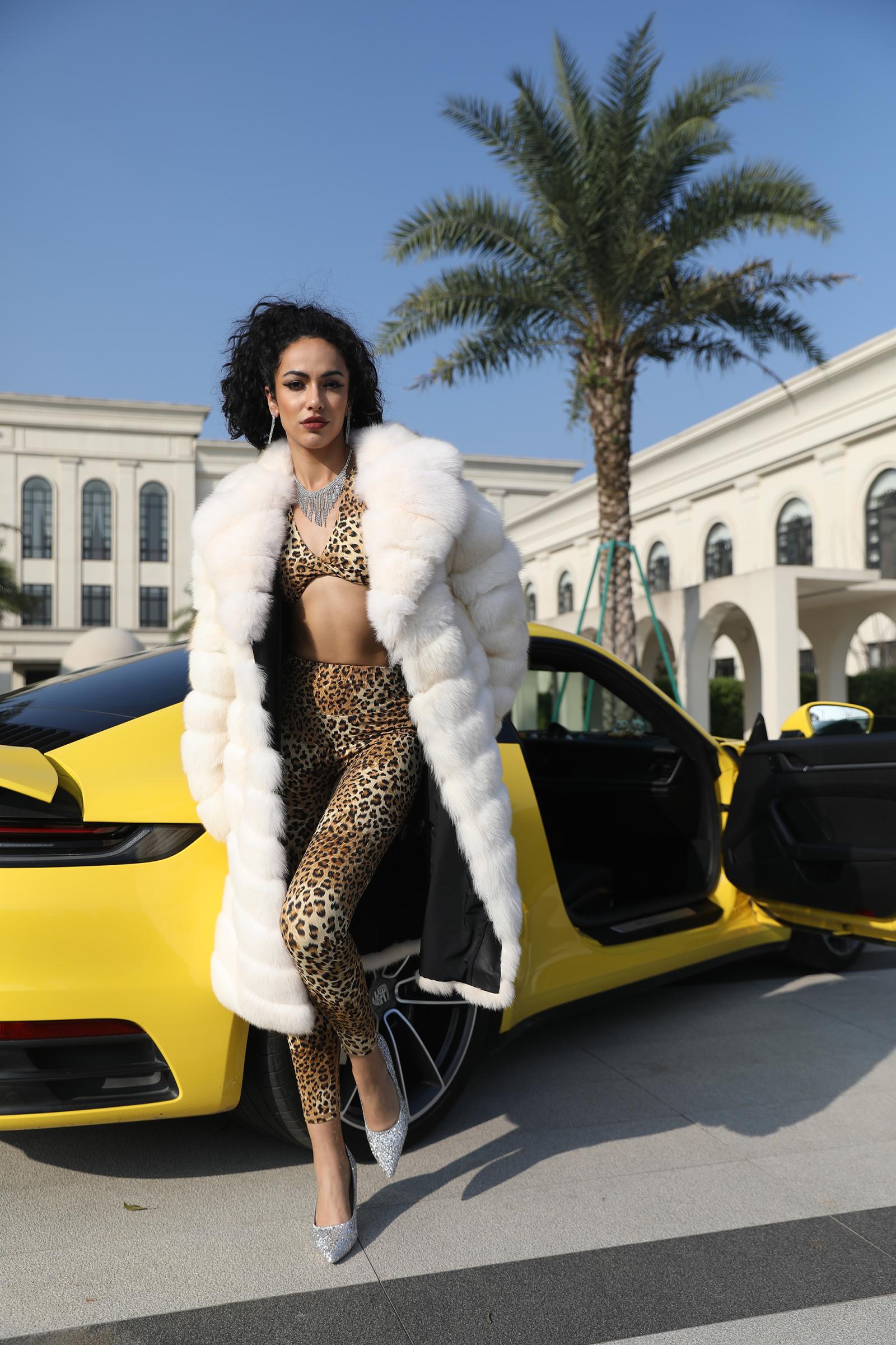 Women's Luxurious Fox Fur Lapel Striped Long Coat Fur Jacket - Janefur
