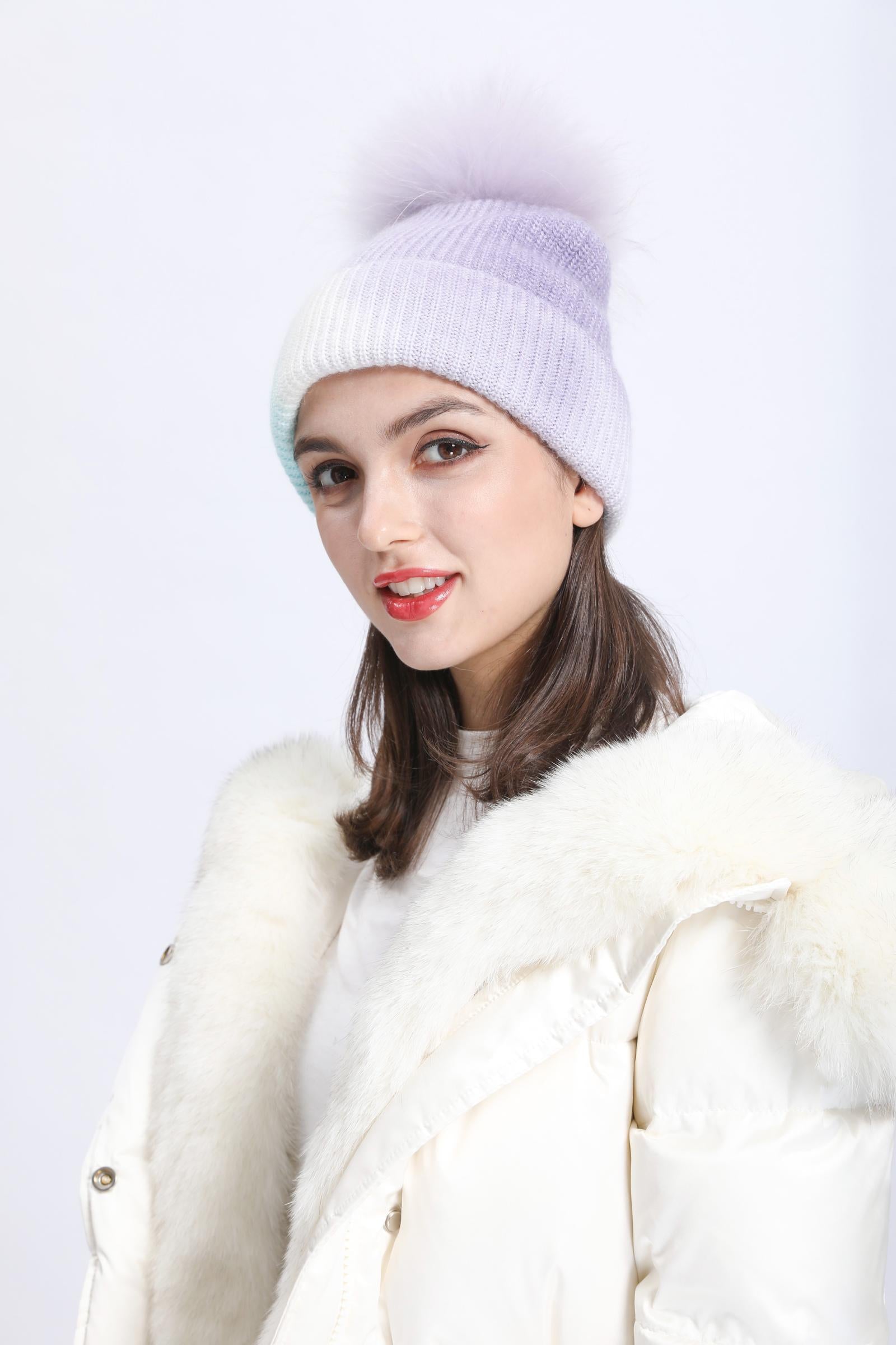 Ladies Gradient Angora Knitted Hat Fur Pom Pom - Janefur