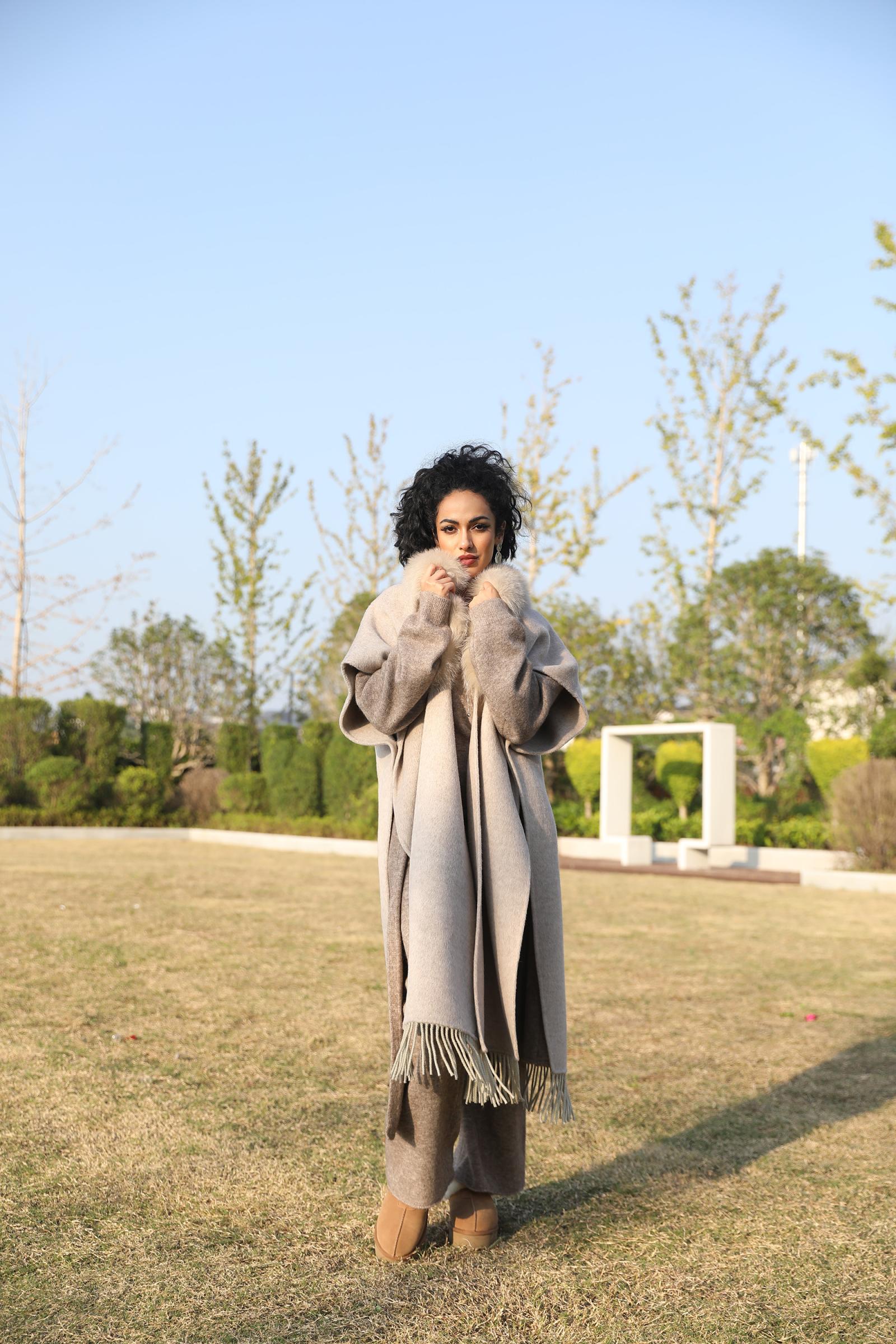 Double-Faced Cashmere Cape Coat for Women with Chic Fringe Double-Faced Wool Shawl Coat - Janefur