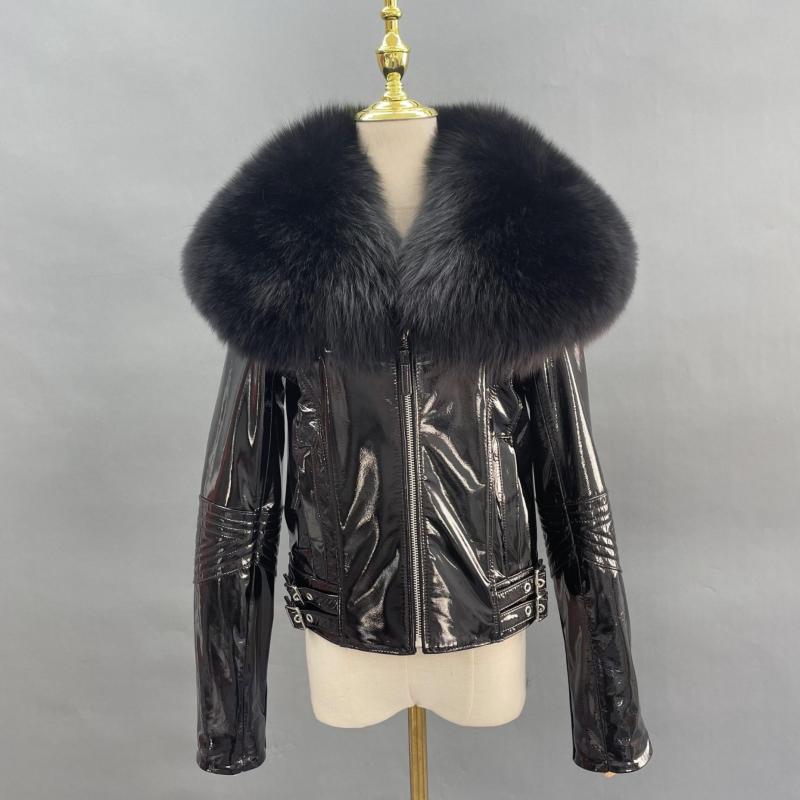 Women's Short Fox Fur Collar Bright Leather Coat - Janefur
