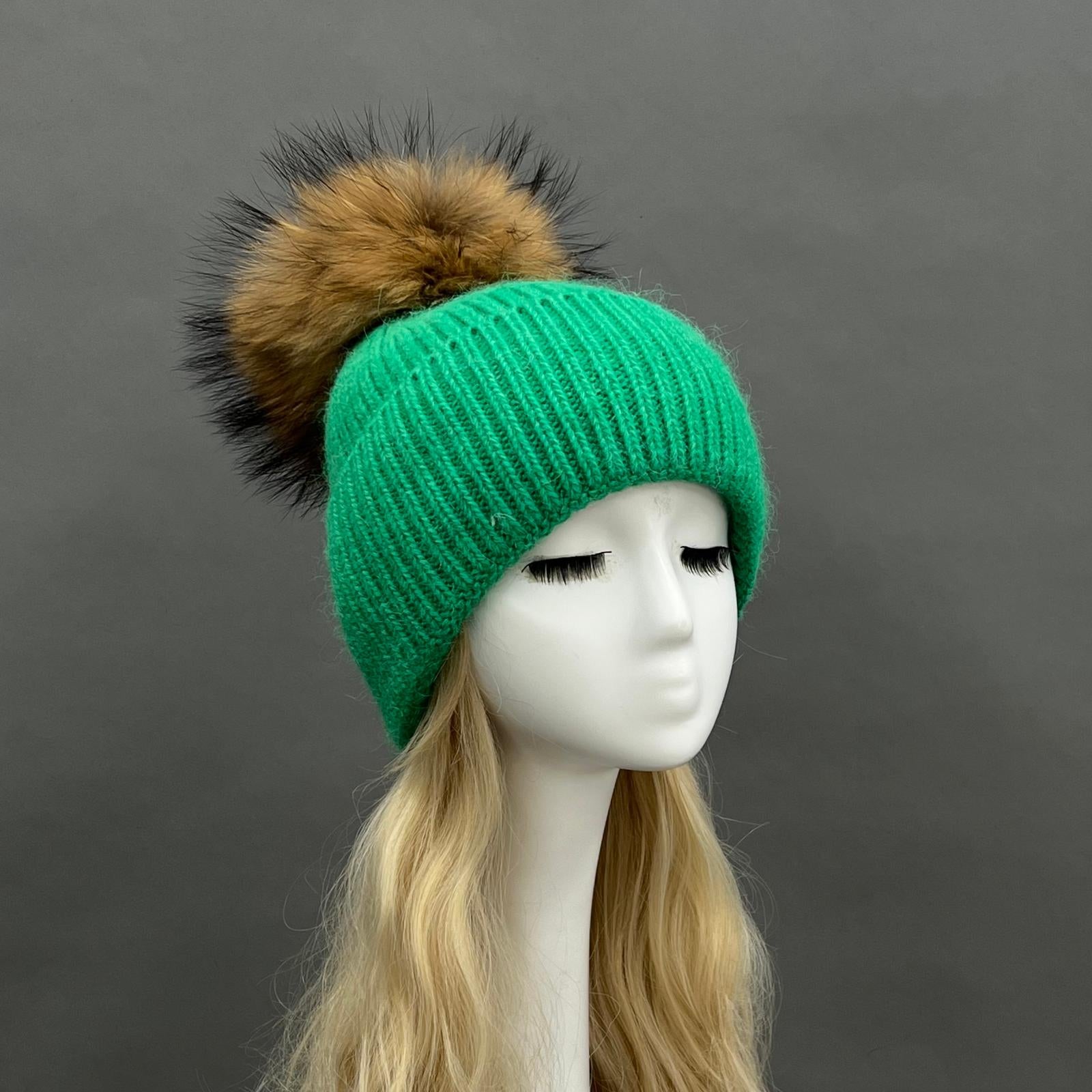Women's Fashion Thin Striped Rabbit Fur Pom Pom Hat - Janefur