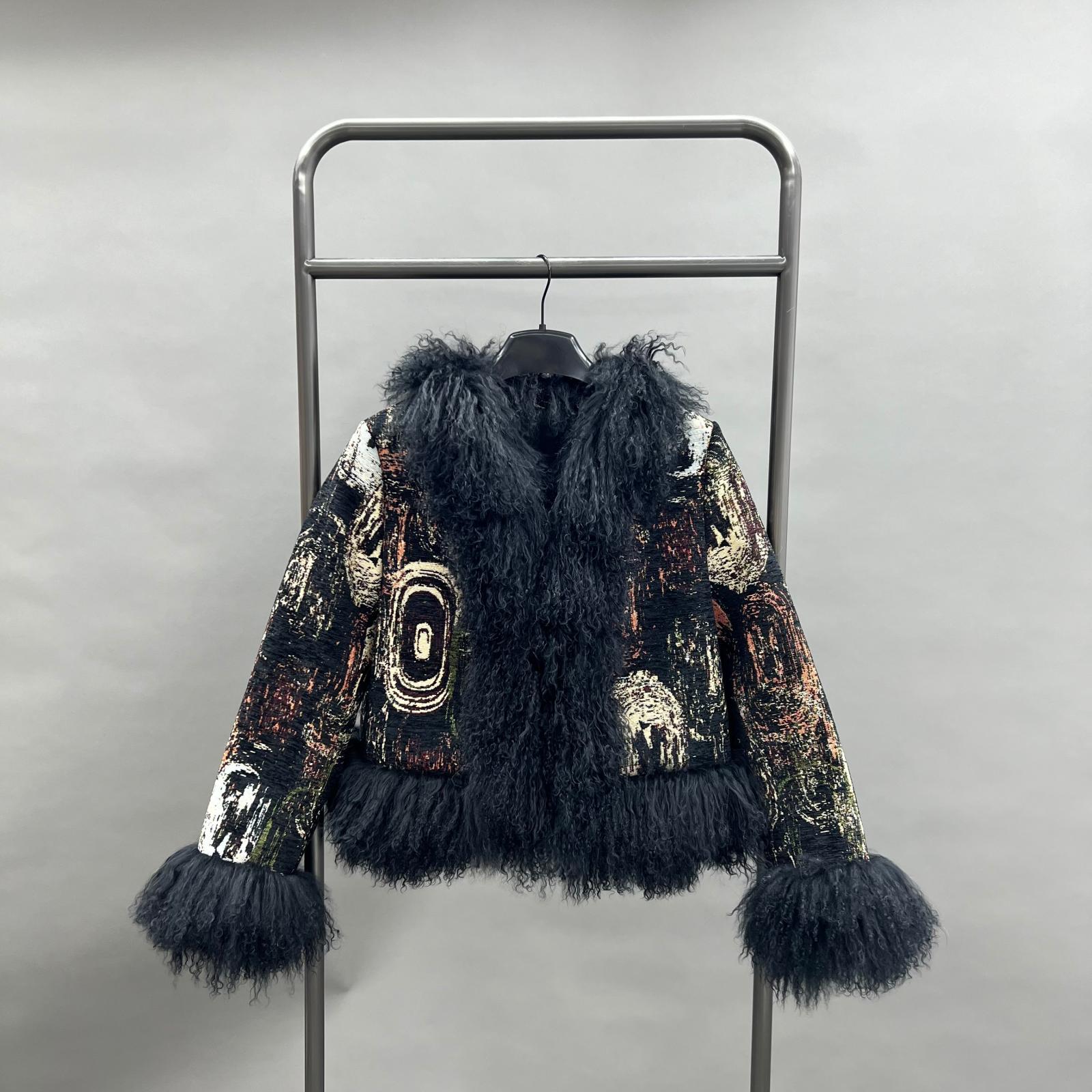 Stylish Mongolian Lamb Fur Women's Patchwork Fabric Outerwear Fur Jacket - Janefur