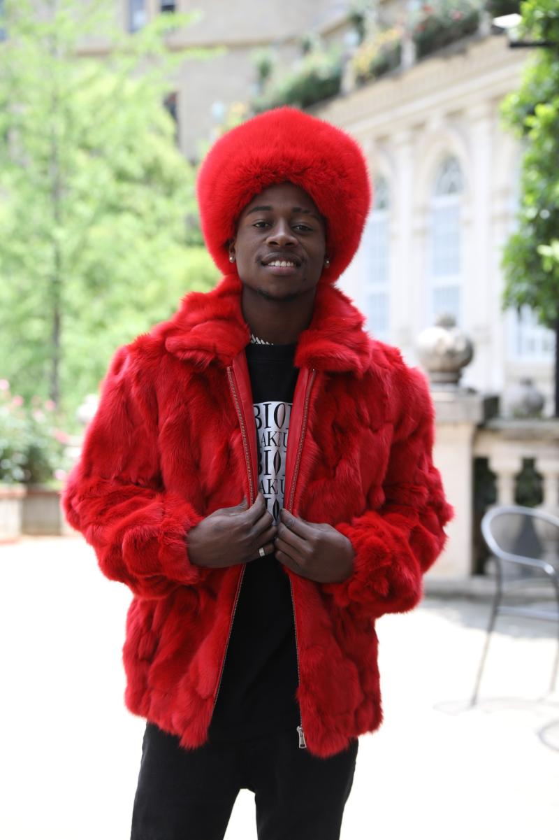 Red Coat Zipper Lapel Windproof Men's Fashion Fox Fur Jacket - Janefur