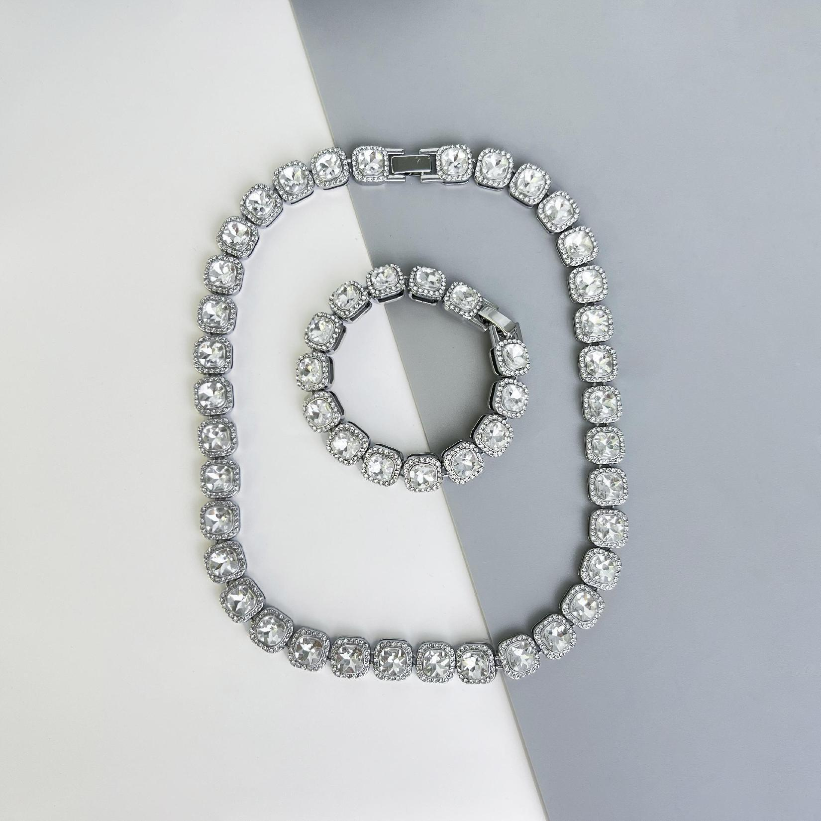 Square Cubic Zirconia Full-Stone Necklace and Bracelet Set Hip-Hop Style Premium and Versatile Cuban Jewelry - Janefur